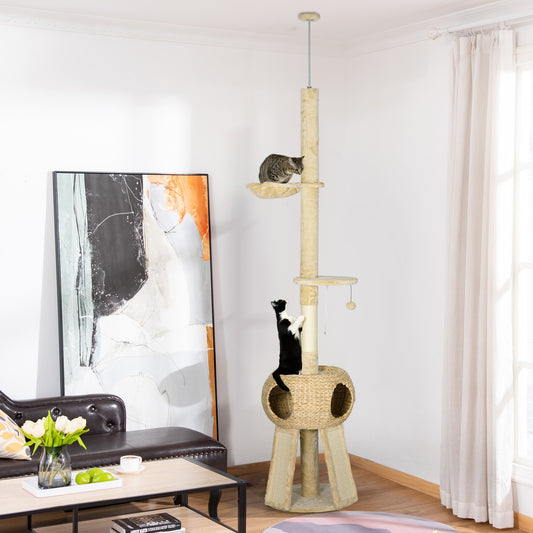 PawHut Ultimate 255cm Cat Tower with Cozy Hideaway, Scratching Post & Perches in Beige - ALL4U RETAILER LTD