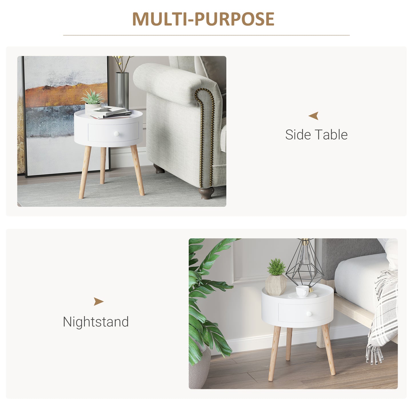 HOMCOM Round End Tables Set Of 2 With Drawer And Wood Legs White Modern Small Coffee Tables For Living Room Bedroom