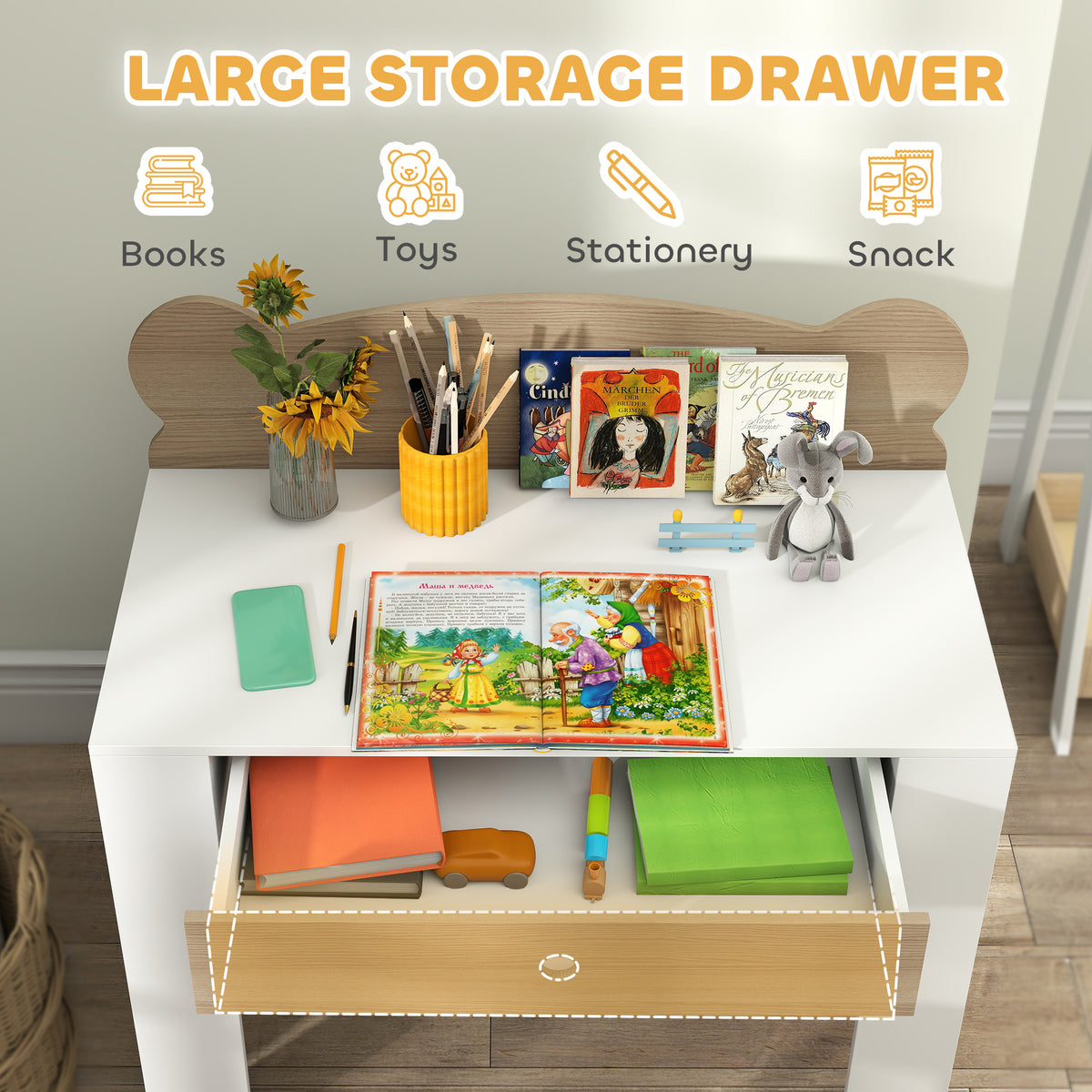 AIYAPLAY Kids Desk and Chair Set with Drawer Bear Theme for Drawing and Reading
