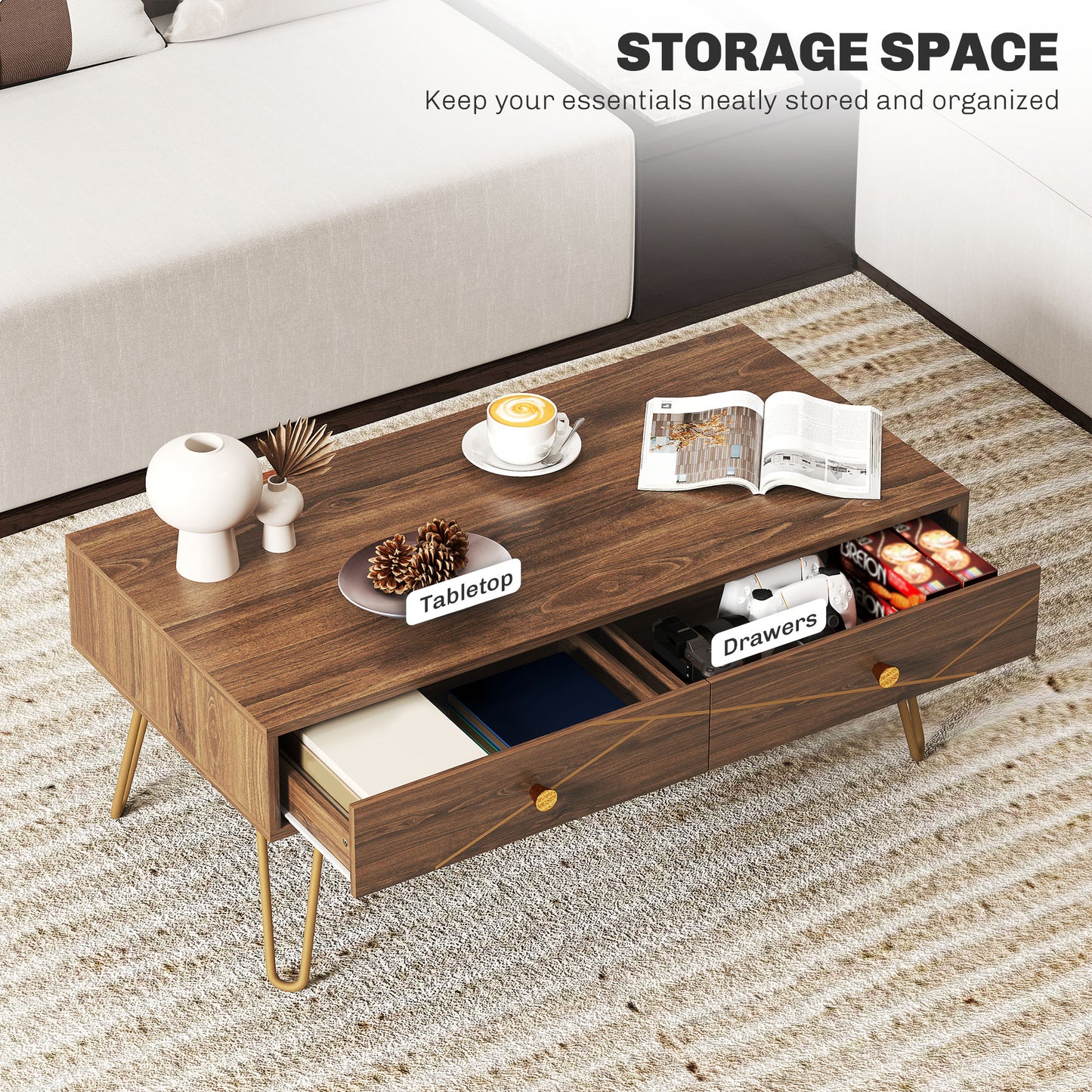 HOMCOM Coffee Table With Storage And Drawers, Rectangular Living Room Table With Steel Base Brown 100 x 50 x 41 cm
