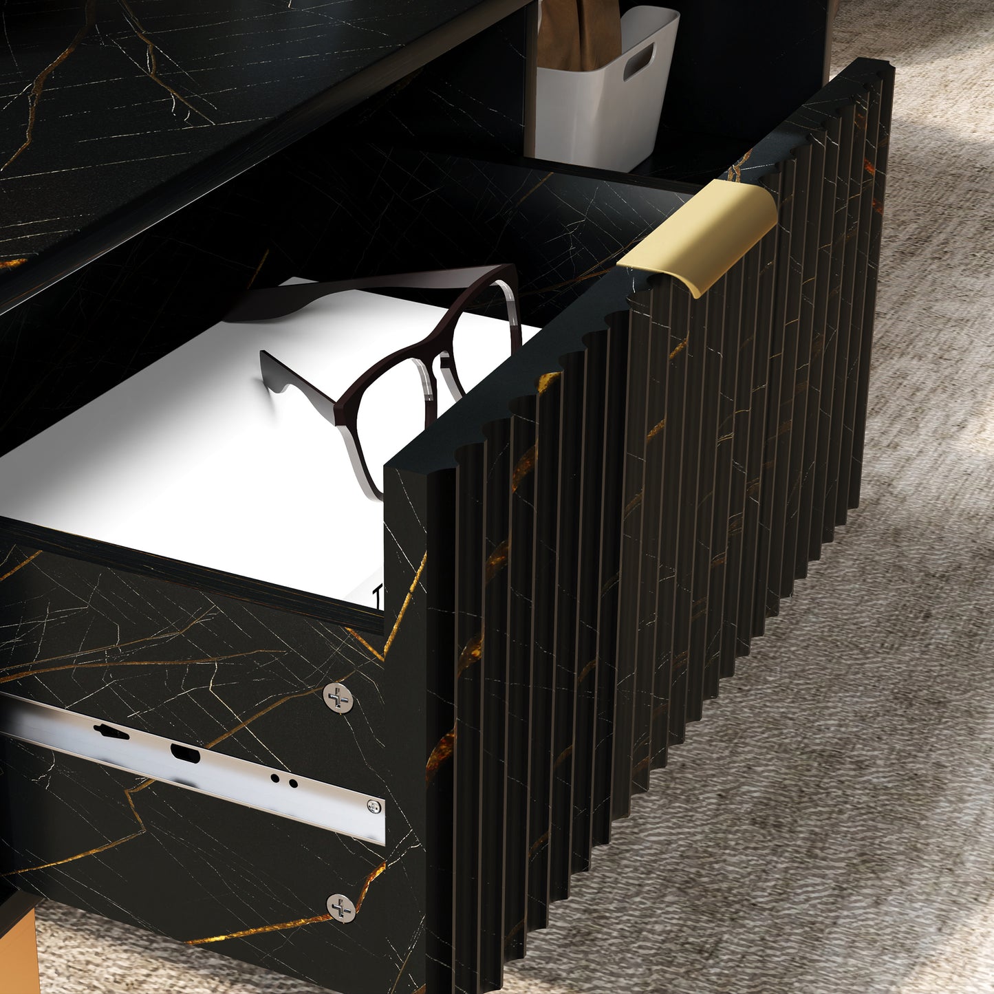 HOMCOM Marble Effect Storage Coffee Table With Drawer And Shelves In Black With Steel Legs