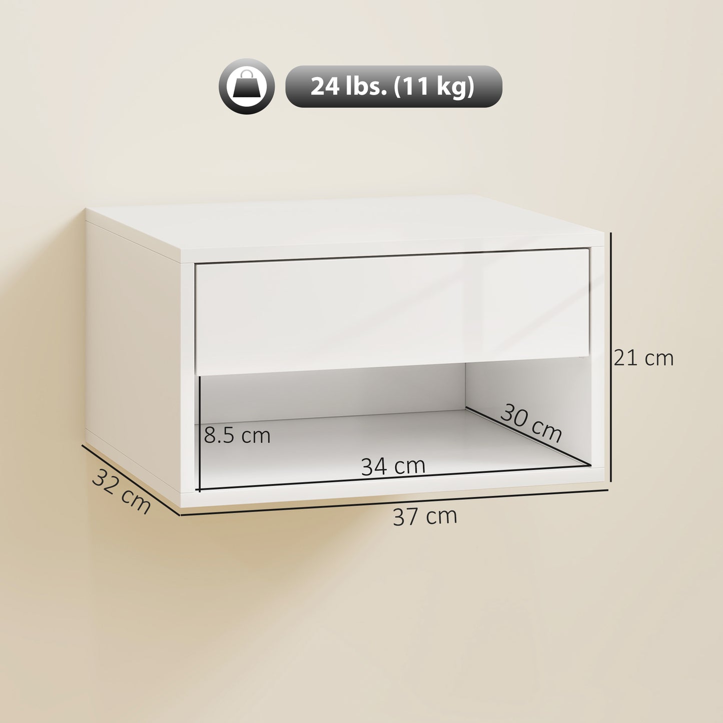 HOMCOM Set of Two Floating Bedside Tables Wall Mounted Nightstands with Drawer and Open Shelf High Gloss White