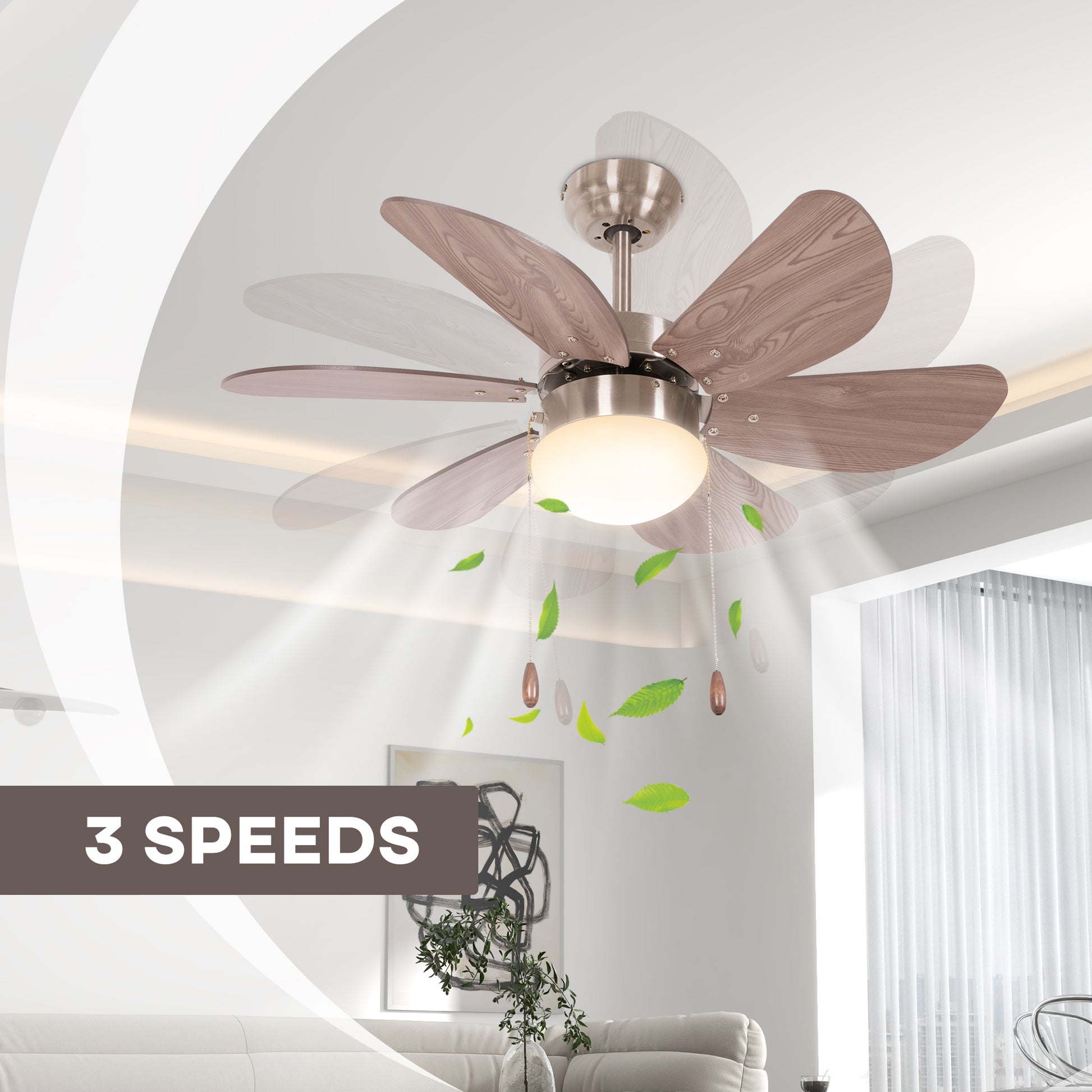 HOMCOM Walnut Brown Flush Mount Ceiling Fan with LED Light and Reversible Blades - ALL4U RETAILER LTD