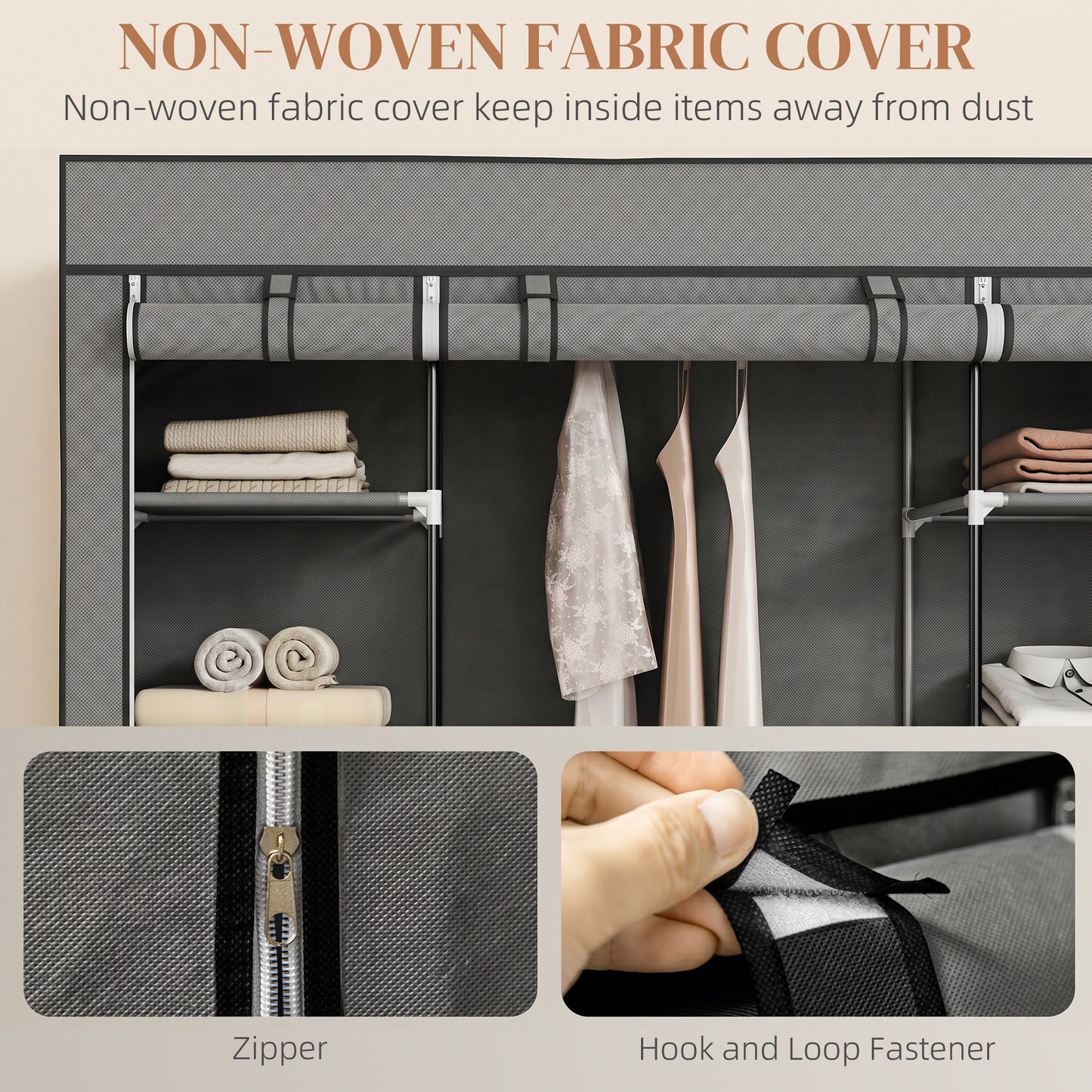 HOMCOM Fabric Wardrobe With Hanging Rail And Ten Shelves Portable Foldable Clothes Storage Dark Grey