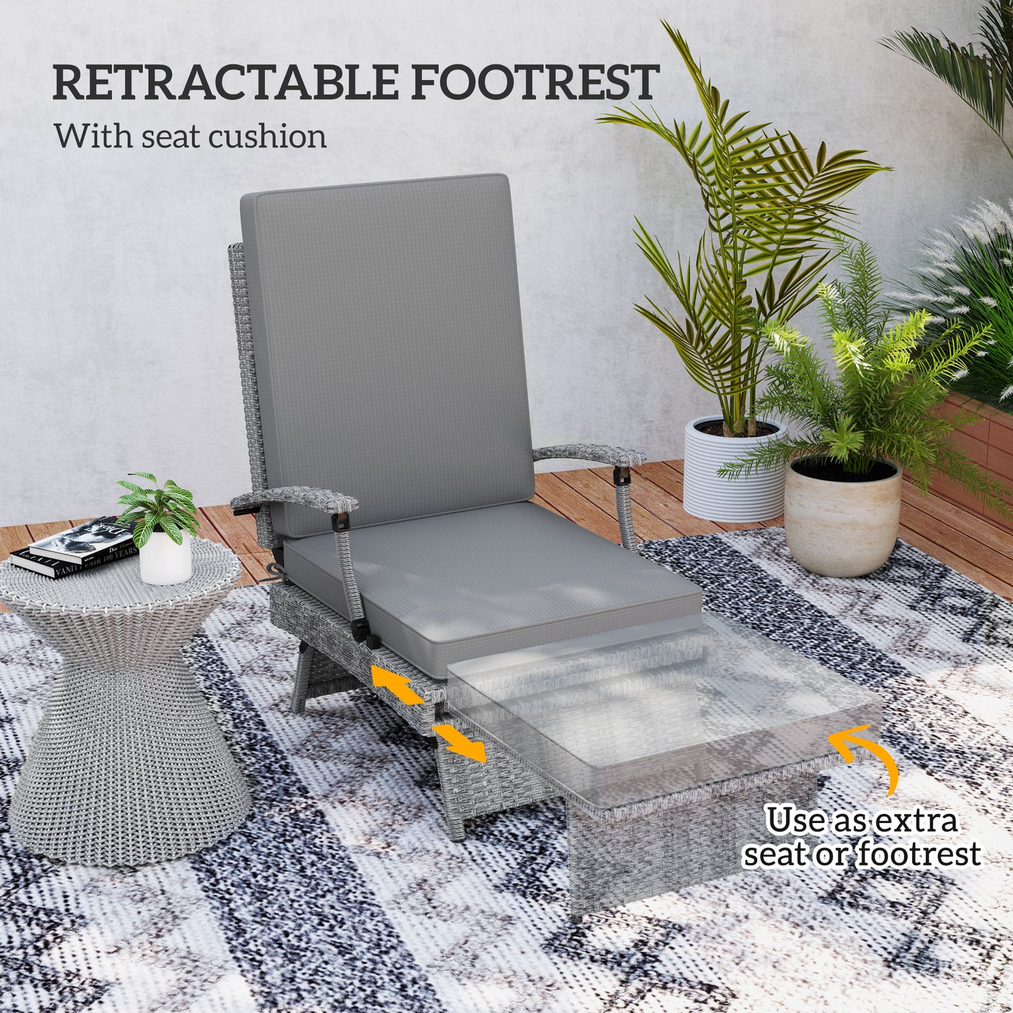 Outsunny 80 Degree Reclining Rattan Lounger With Adjustable Backrest And Footrest Grey Garden Chair