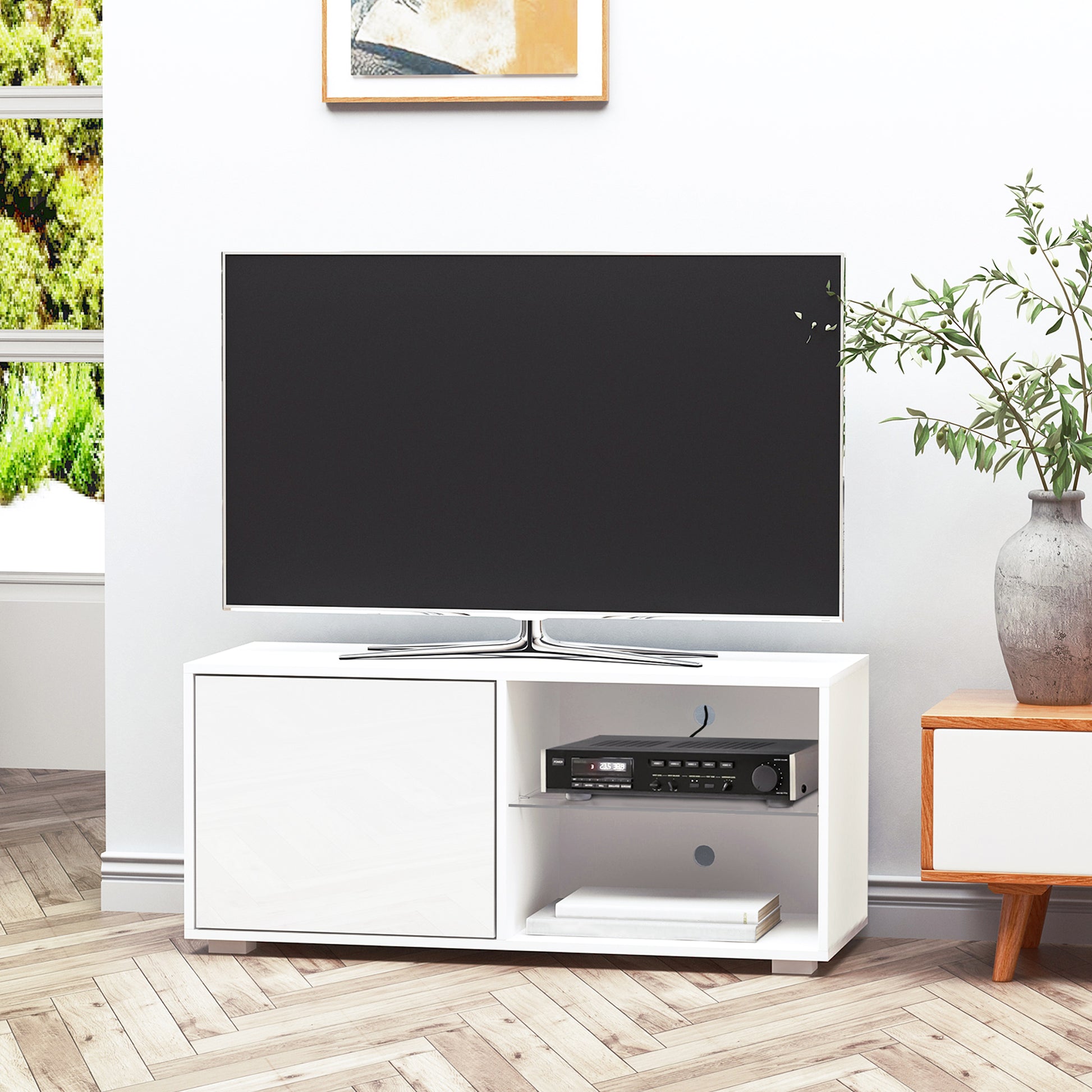 HOMCOM Contemporary White High Gloss TV Stand with Storage Cabinet and Shelves for Living Room and Office - ALL4U RETAILER LTD