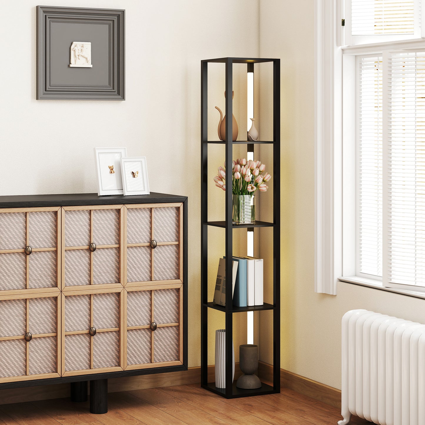 HOMCOM LED Floor Lamp With Shelves Modern Dimmable Standing Lamp With 3 Brightness Levels And Foot Switch Black