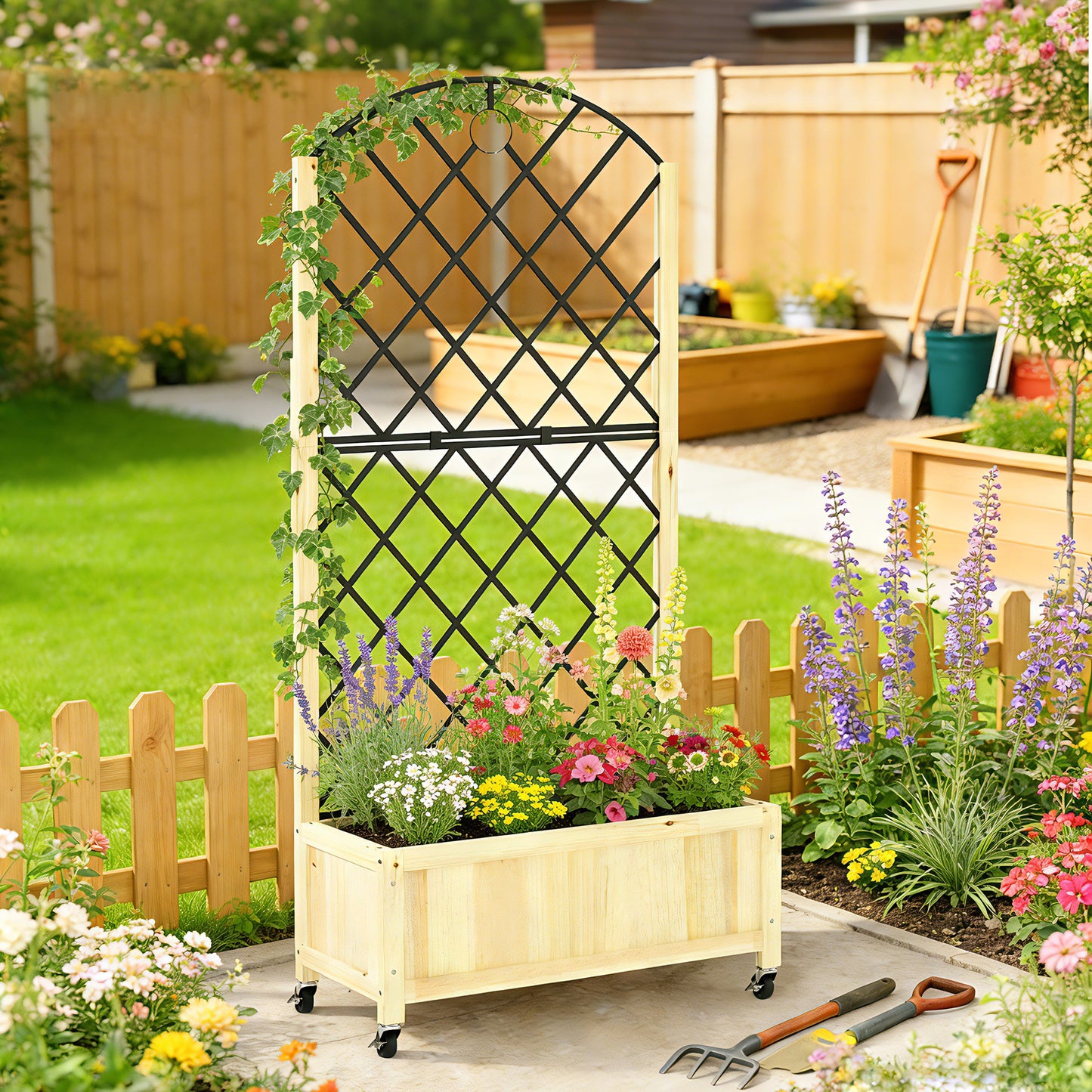 Outsunny Raised Garden Bed With Metal Trellis Wooden Elevated Planter Box On Lockable Wheels Outdoor Natural