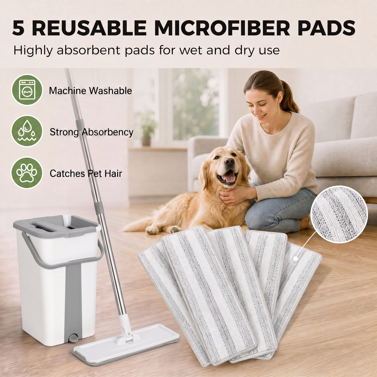 Five gray striped reusable microfiber pads for flat mop, with wringer bucket