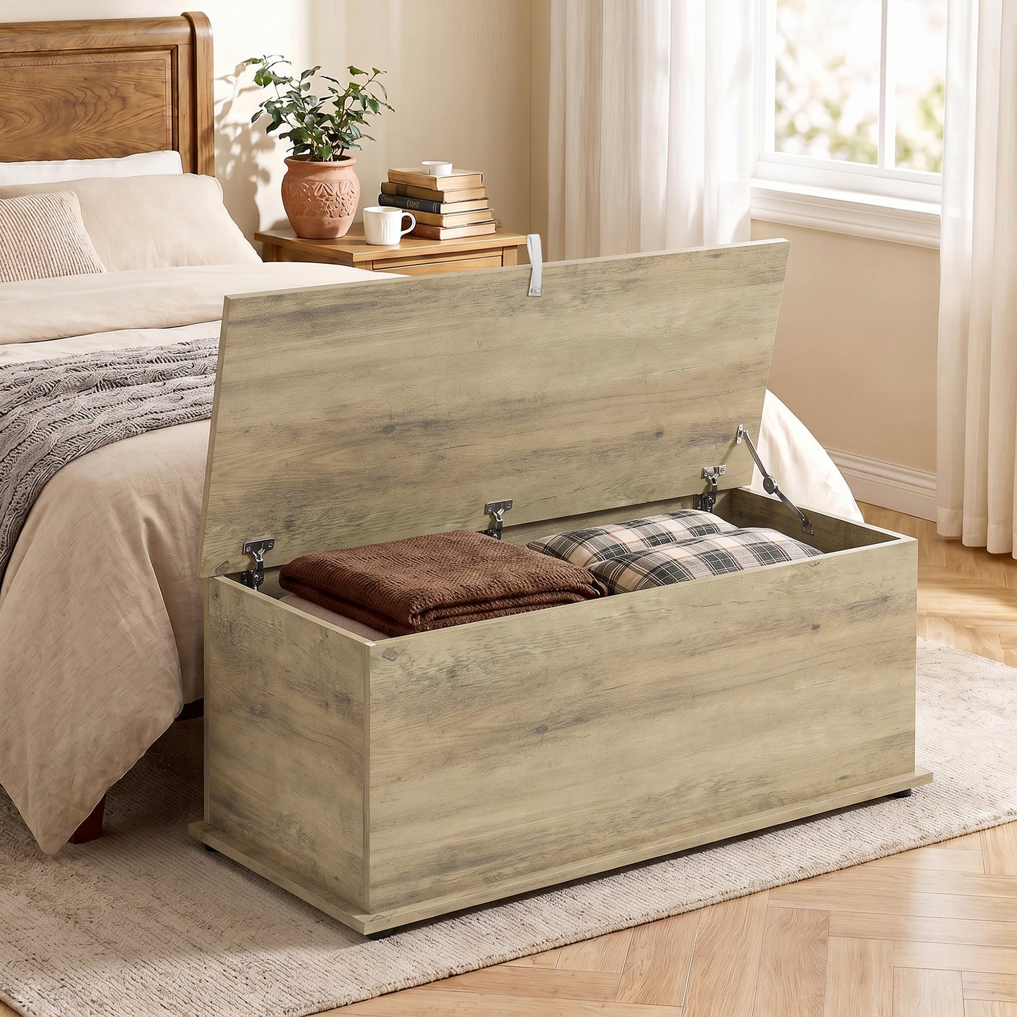 Homcom 114L Grey Wooden Storage Bench With Safety Lid For Bedroom