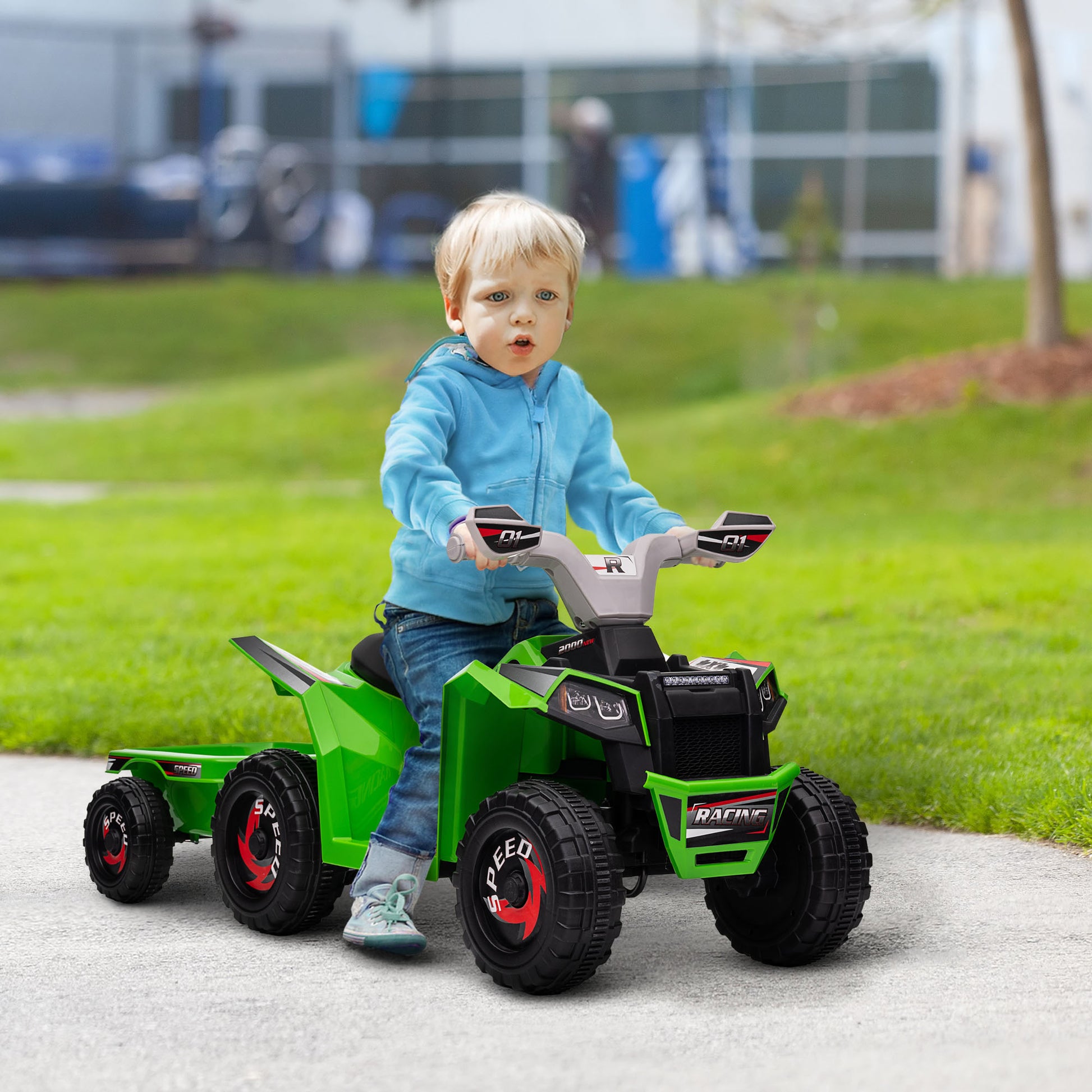 HOMCOM Green Electric Quad Bike with Trailer for Toddlers, Safe 2.5km/h Speed, Wear-Resistant Wheels - ALL4U RETAILER LTD