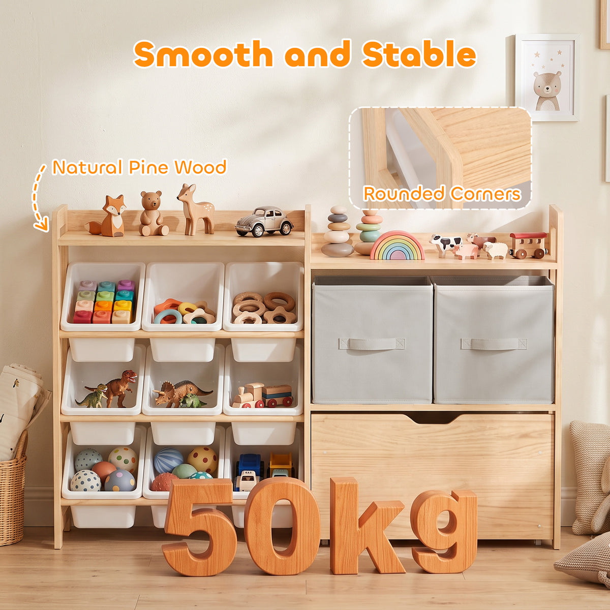 Light wood kids toy storage cabinet with open cubbies and two large front drawers