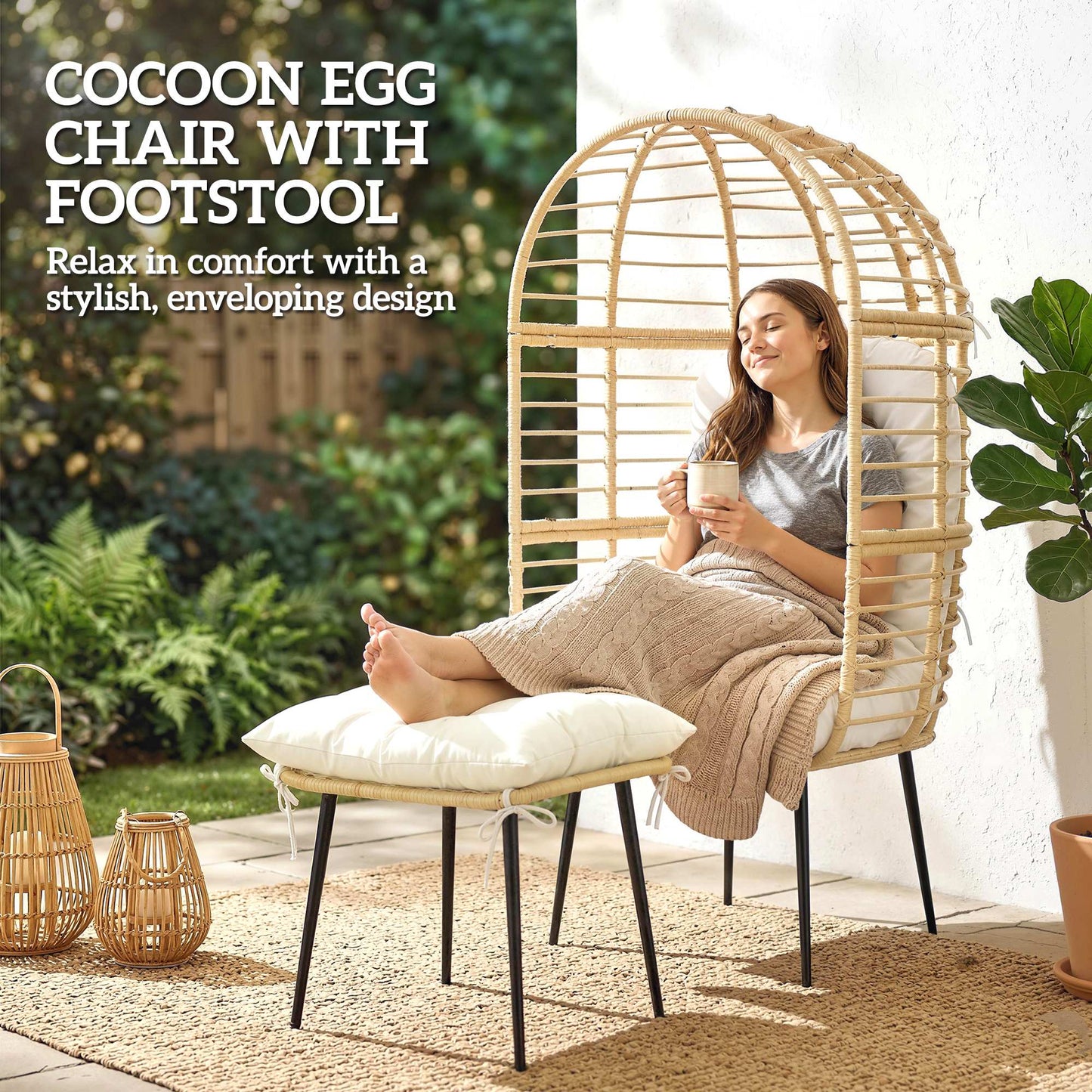 Outsunny Garden Egg Chair With Footstool Rattan Indoor Outdoor Lounge Chair And Ottoman Set Beige Cushions