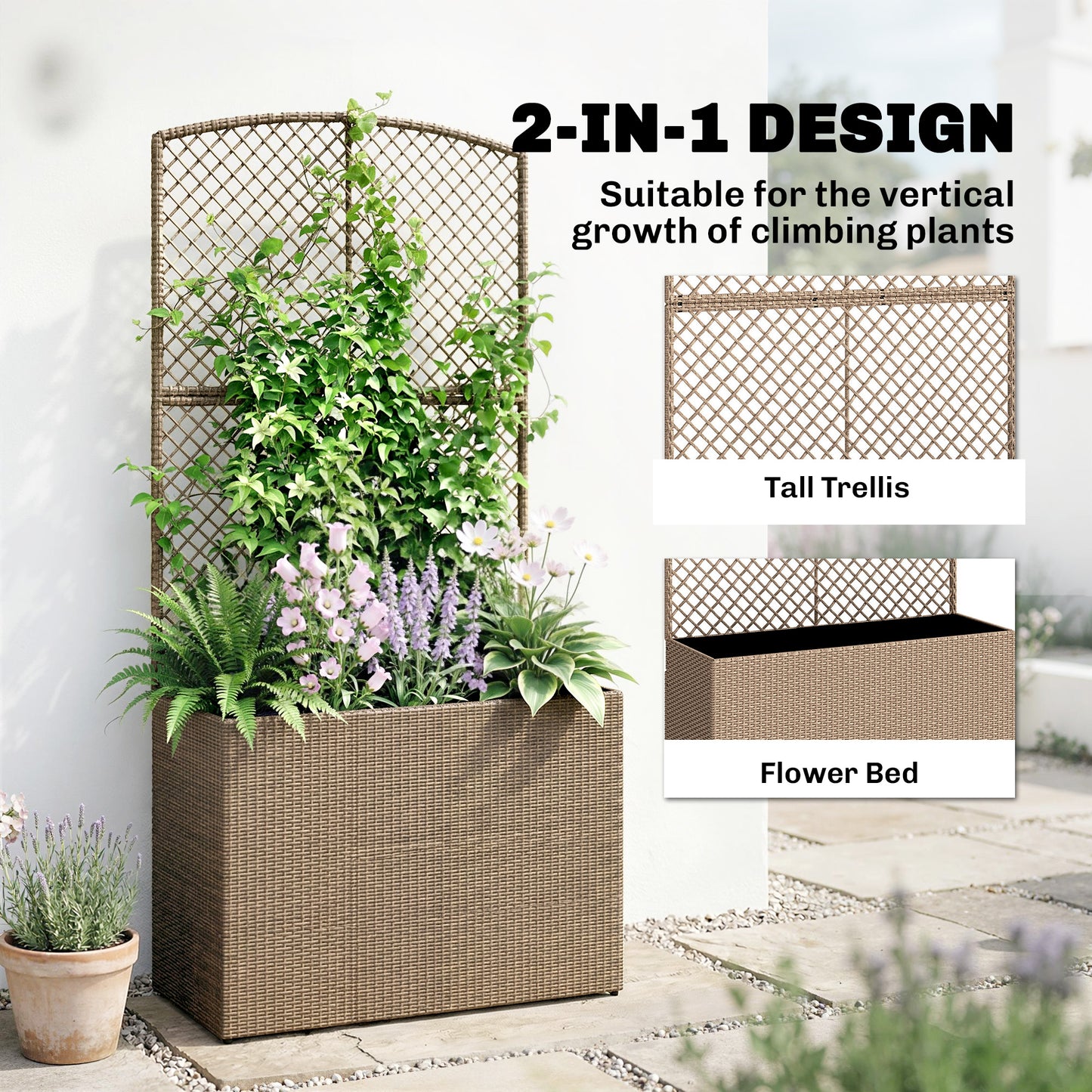 Outsunny Rattan Planter With Trellis Raised Bed For Garden With Liner Climbing Plants Vegetables Flowers Light Grey