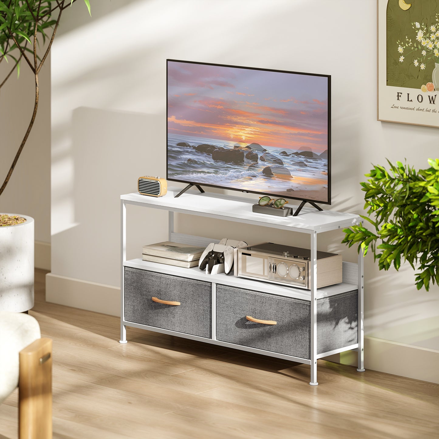HOMCOM TV Stand Cabinet With 2 Foldable Drawers White Two Tone Finish Fits Up To 47 Inch TV