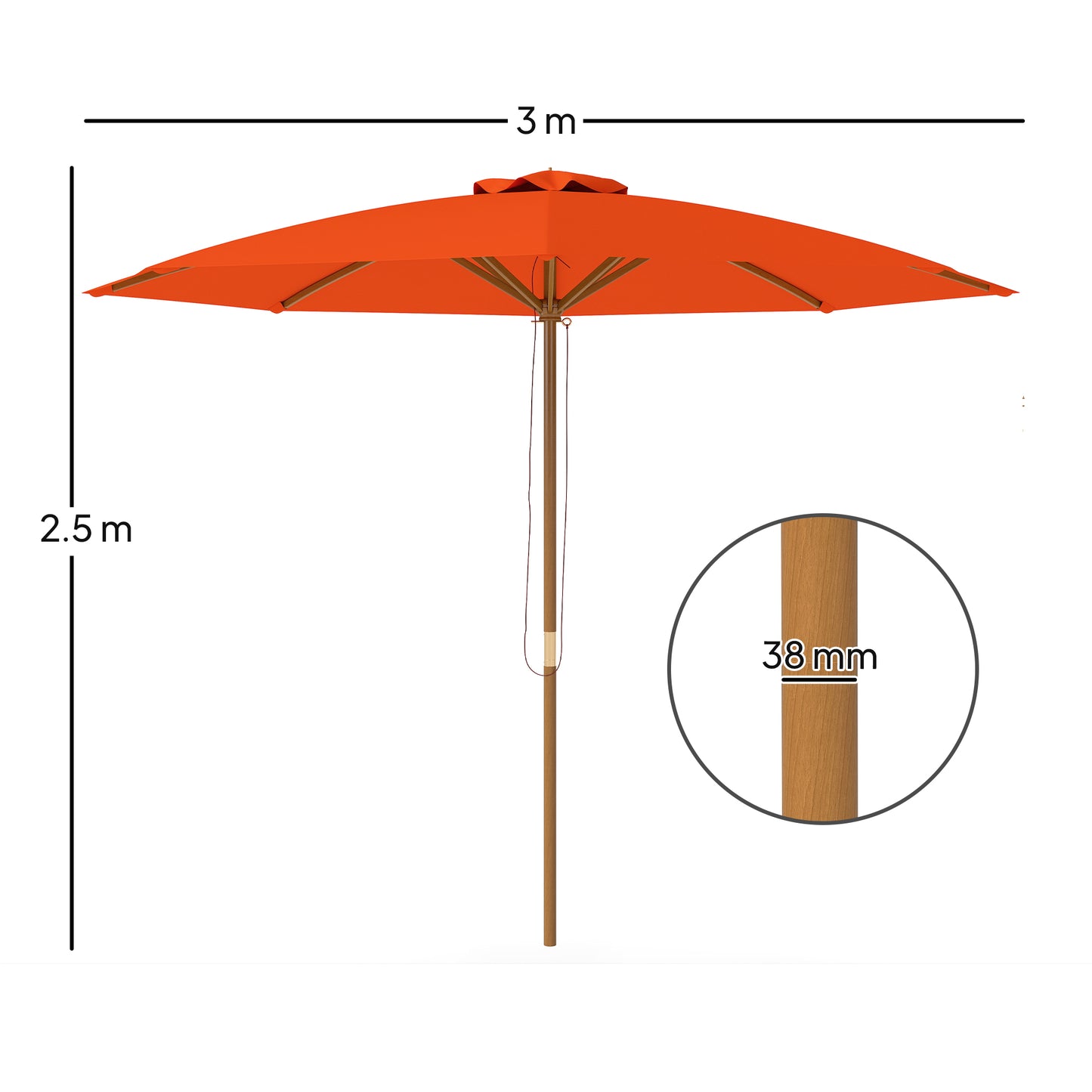 Outsunny 3m Wood Pole Parasol Umbrella Orange For Patio Garden With Vented Canopy And Adjustable Angle Three Positions