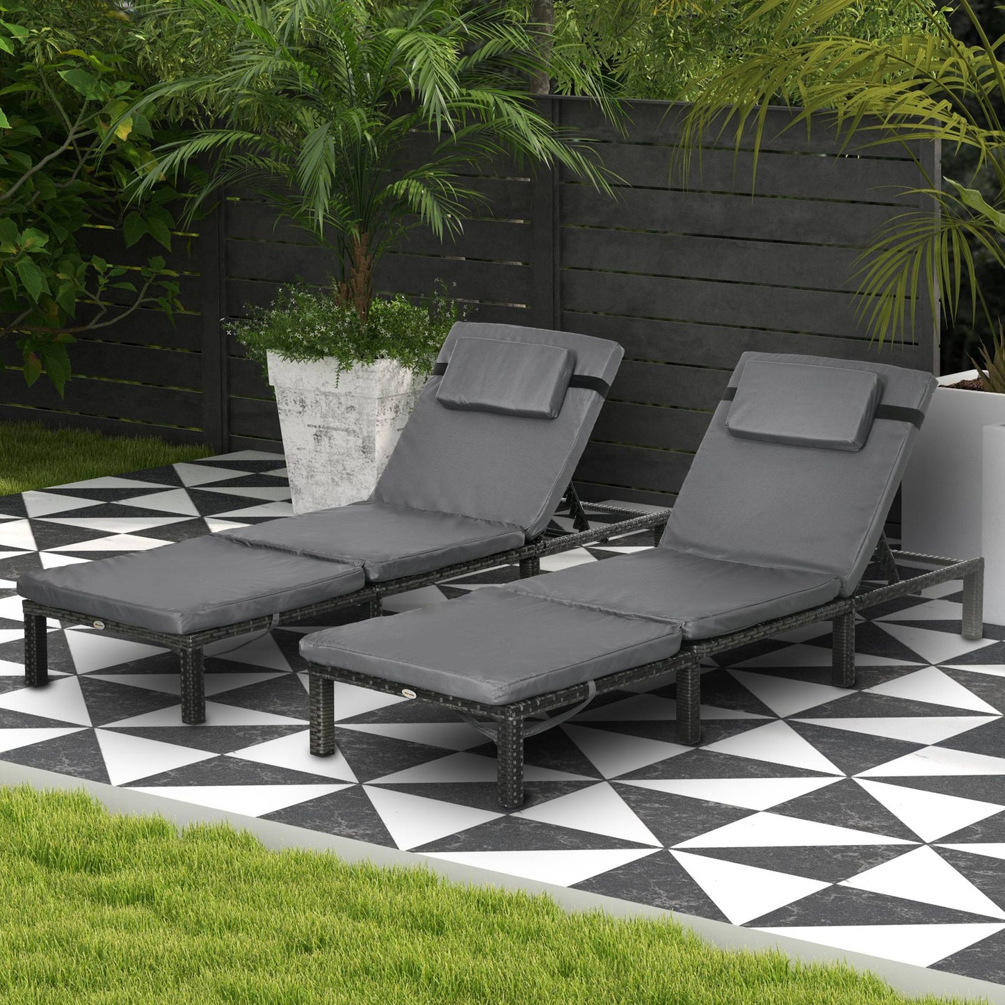 Outsunny Set of 2 Adjustable Rattan Lounge Chairs with Cushions for Outdoor Relaxation, Dark Grey - ALL4U RETAILER LTD