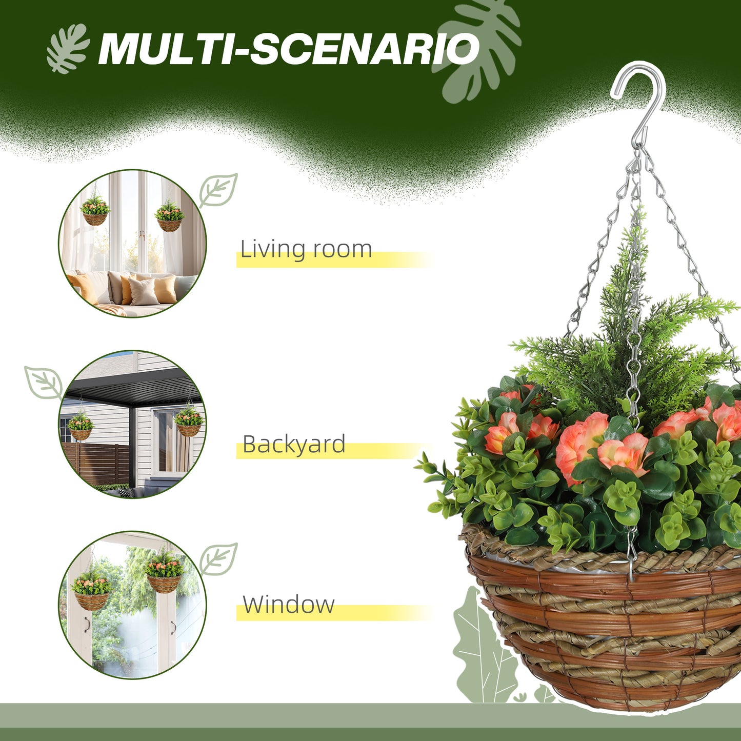 Outsunny Hanging Lisianthus Flower Pots Set Of Two In Orange And Green Made From Plastic Realistic Artificial Flowers