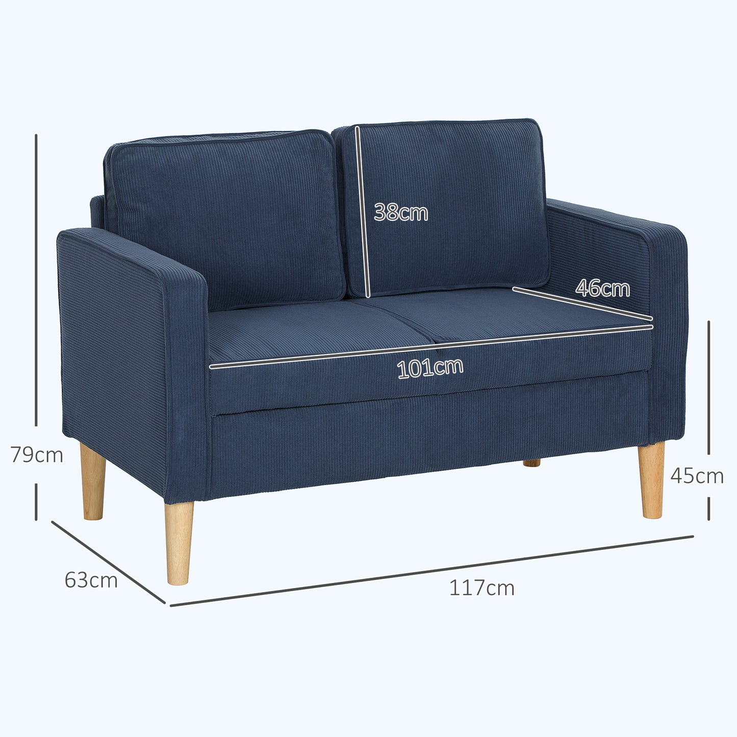 HOMCOM Small Two Seater Corduroy Sofa Blue With Lift Up Storage Compartment For Blankets