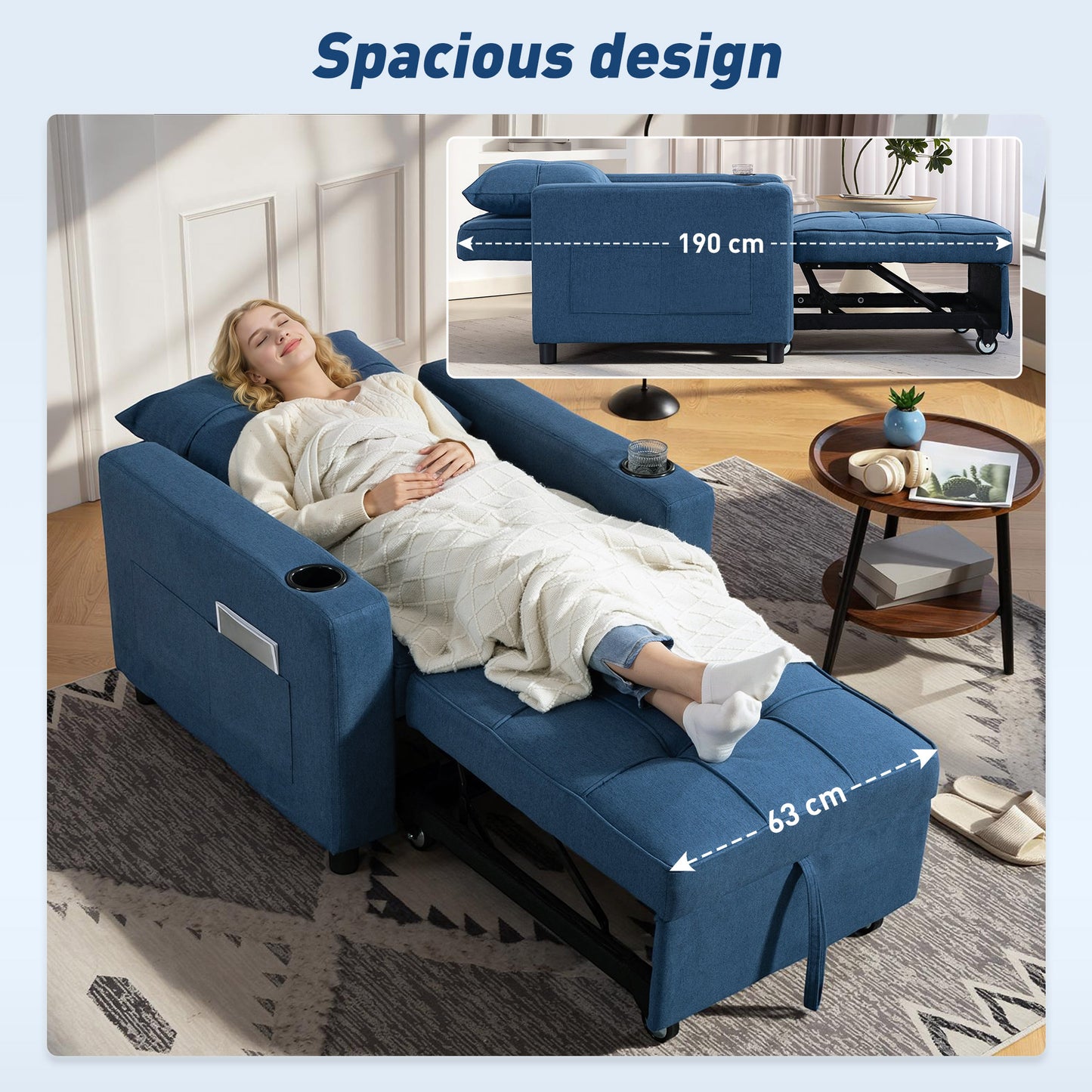 HOMCOM 3 In 1 Sofa Bed Convertible Armchair Lounger And Single Bed Dark Blue 95 x 190 cm