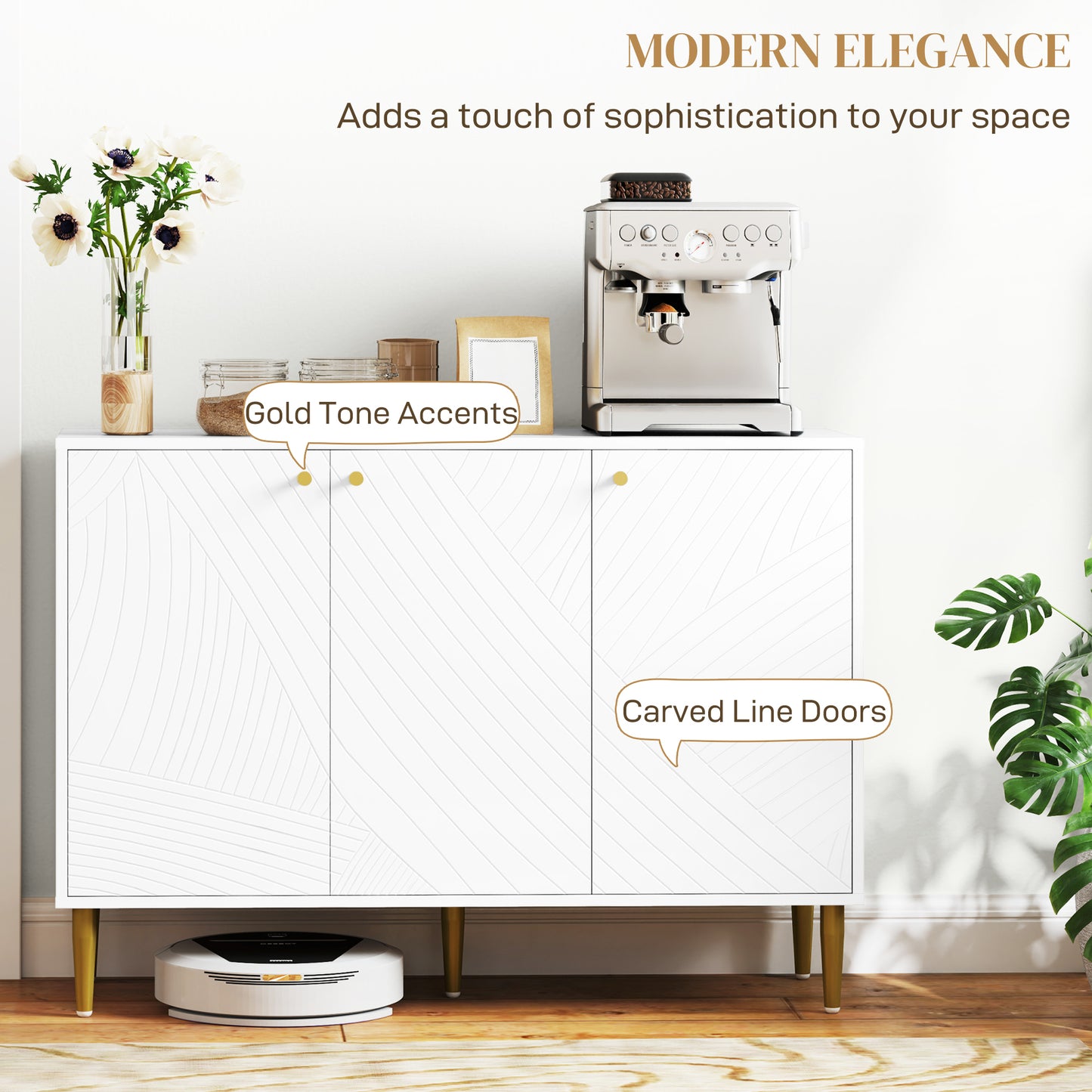 HOMCOM Elegant Two Cupboard Sideboard White Gold Tone With Adjustable Shelves Durable Melamine Finish