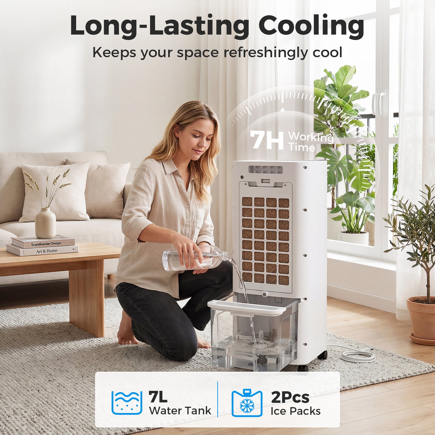 HOMCOM Portable 3In1 Air Cooler Evaporative Humidifier 7L Water Tank 48 Degree Oscillation White