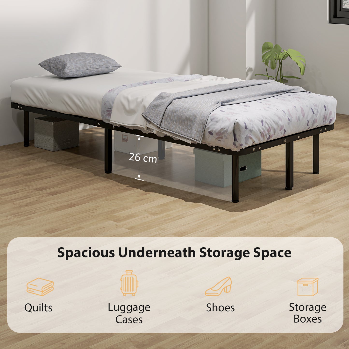 HOMCOM 3ft Single Metal Platform Bed Frame With 2 X 14 Wood Slats No Box Spring Needed Underbed Storage Black