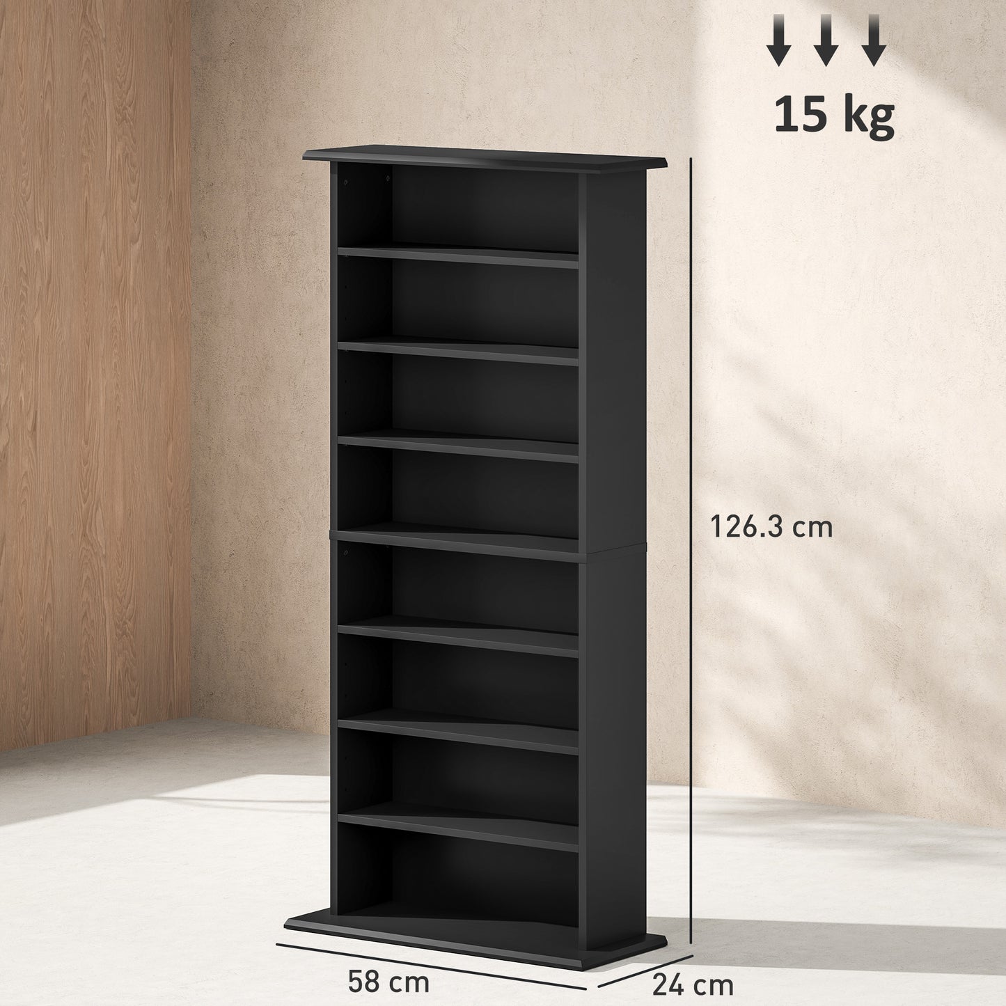 Homcom 360 CD Storage Unit Black With 6 Adjustable Shelves Holds 360 CDs 185 DVDs Blu Rays Wall Anti Tip Straps