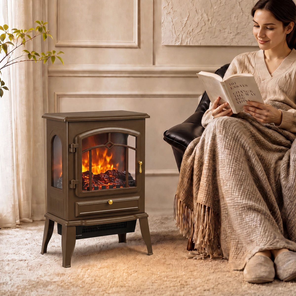Homcom Electric Fireplace Stove 3 Sided Freestanding Heater with 3D Flame
