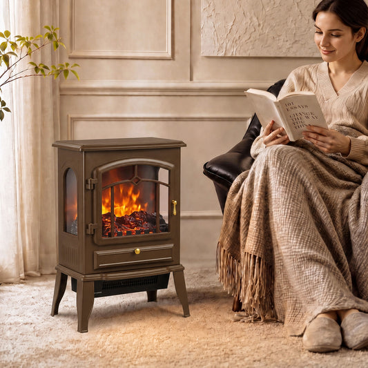 Three-sided glass electric fireplace stove with glowing flame and dark bronze finish
