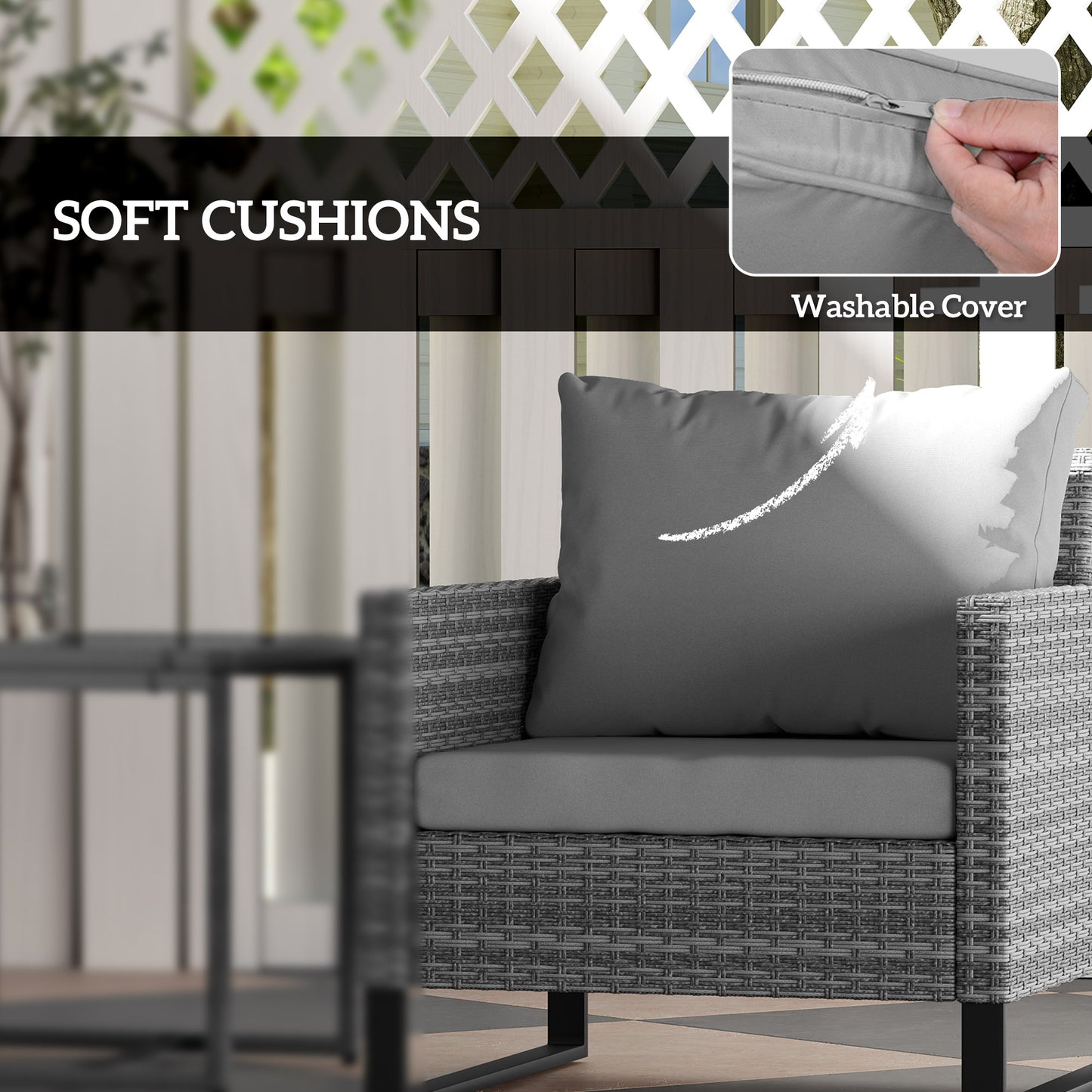 Outsunny 3 Piece Rattan Bistro Set With 4 Cushions Wicker Garden Furniture Glass Top Table For Outdoor Patio Grey