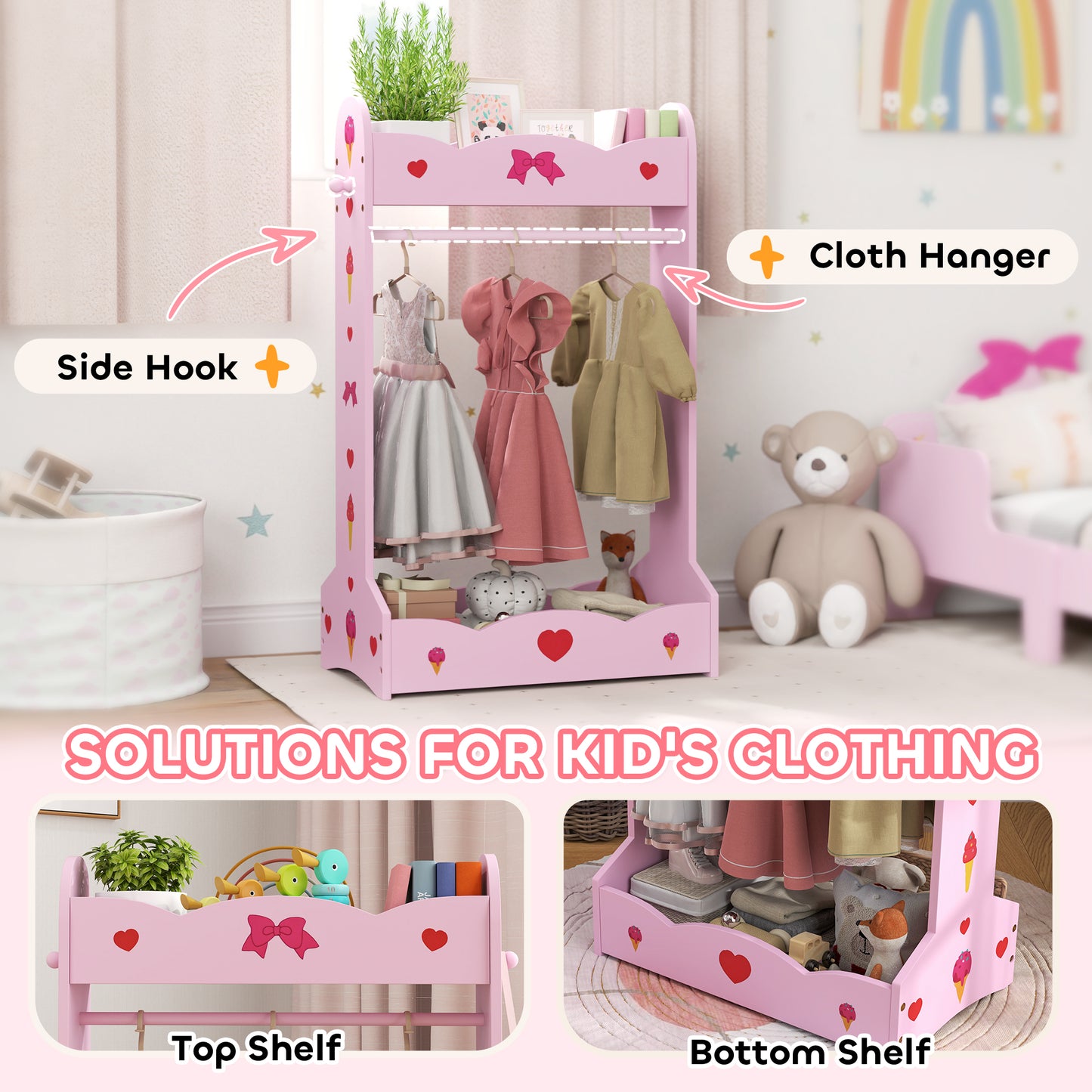 Women's Aiyaplay Kids Clothes Rail, Kids Dressing Mirror With 360° Rotating, 2 Piece Kids Furniture Set With Storage Shelves,