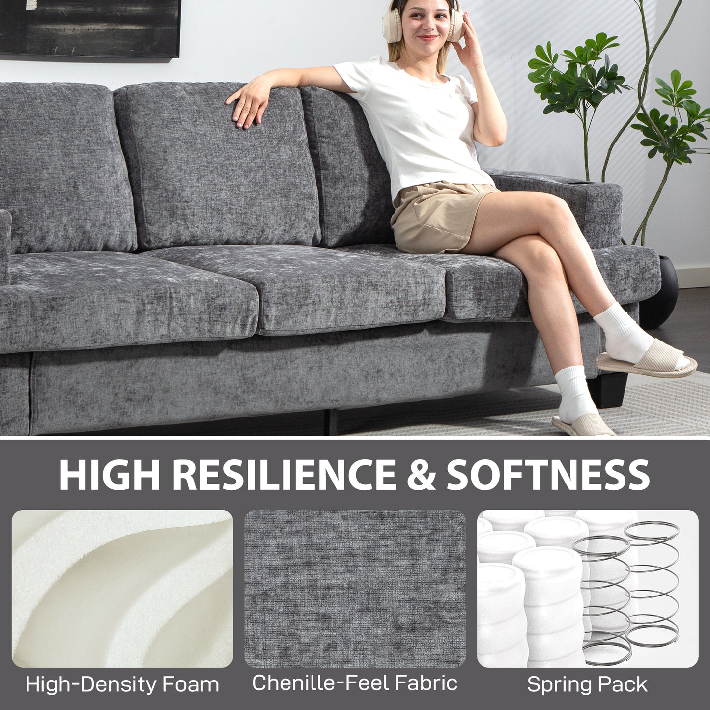 HOMCOM Three Seater Sofa With USB Ports And Cup Holders Grey Chenille Feel Upholstered For Living Room Comfort