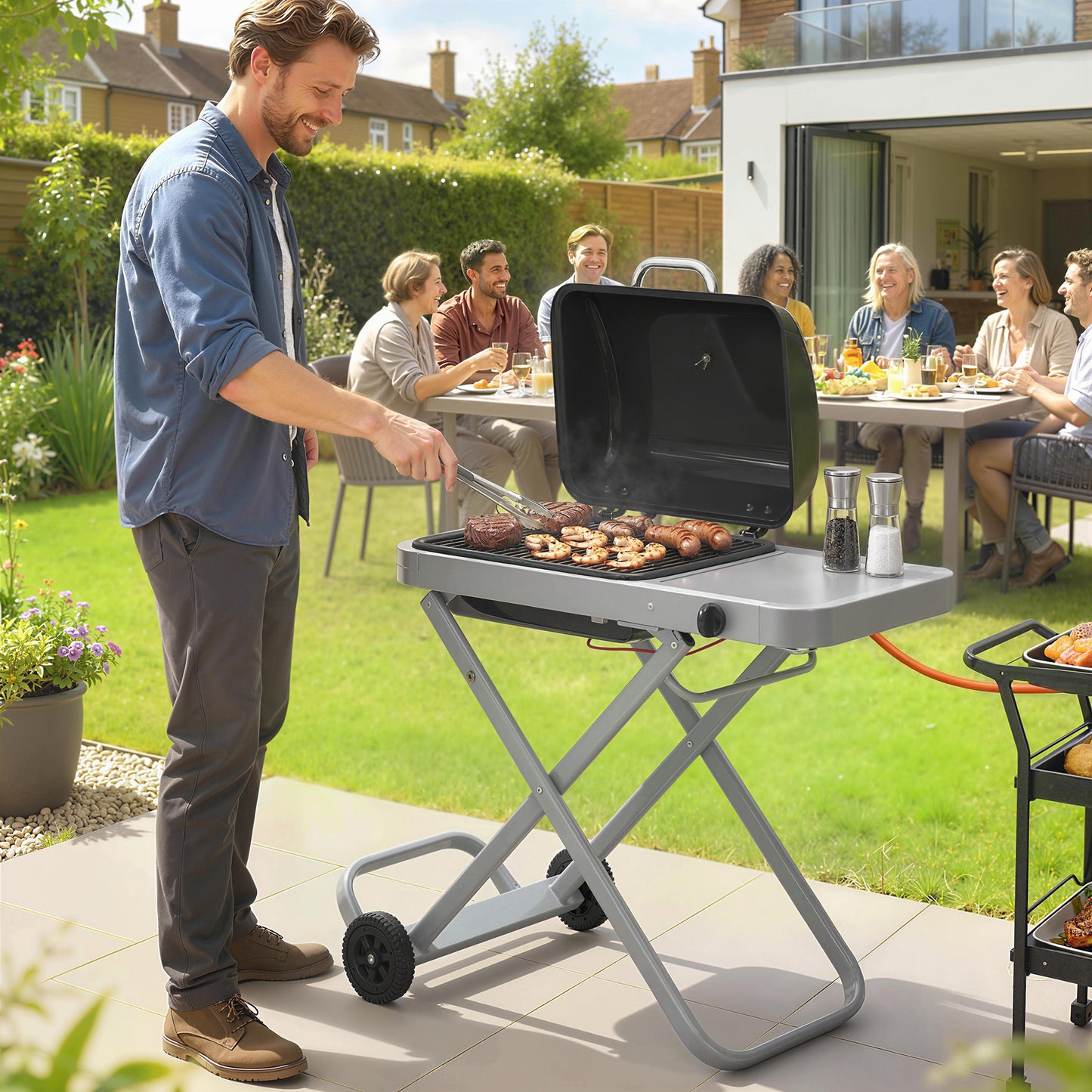 Outsunny Foldable Gas BBQ Grill With Side Table Portable 2.5 KW Thermometer Grease Box Wheels Black