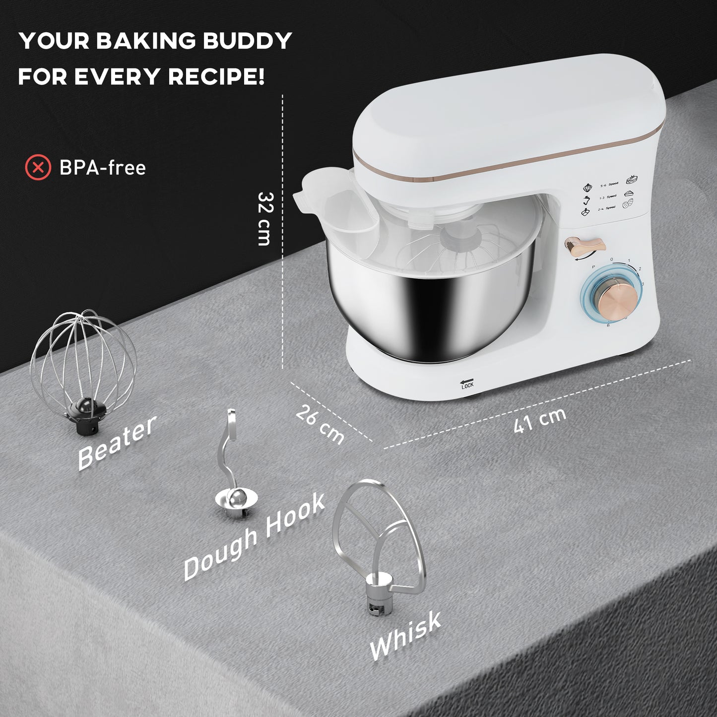 HOMCOM Stand Mixer 1400W Six Speed Pulse 5L Stainless Steel Bowl With Dough Hook Whisk Splash Guard Tilt Head