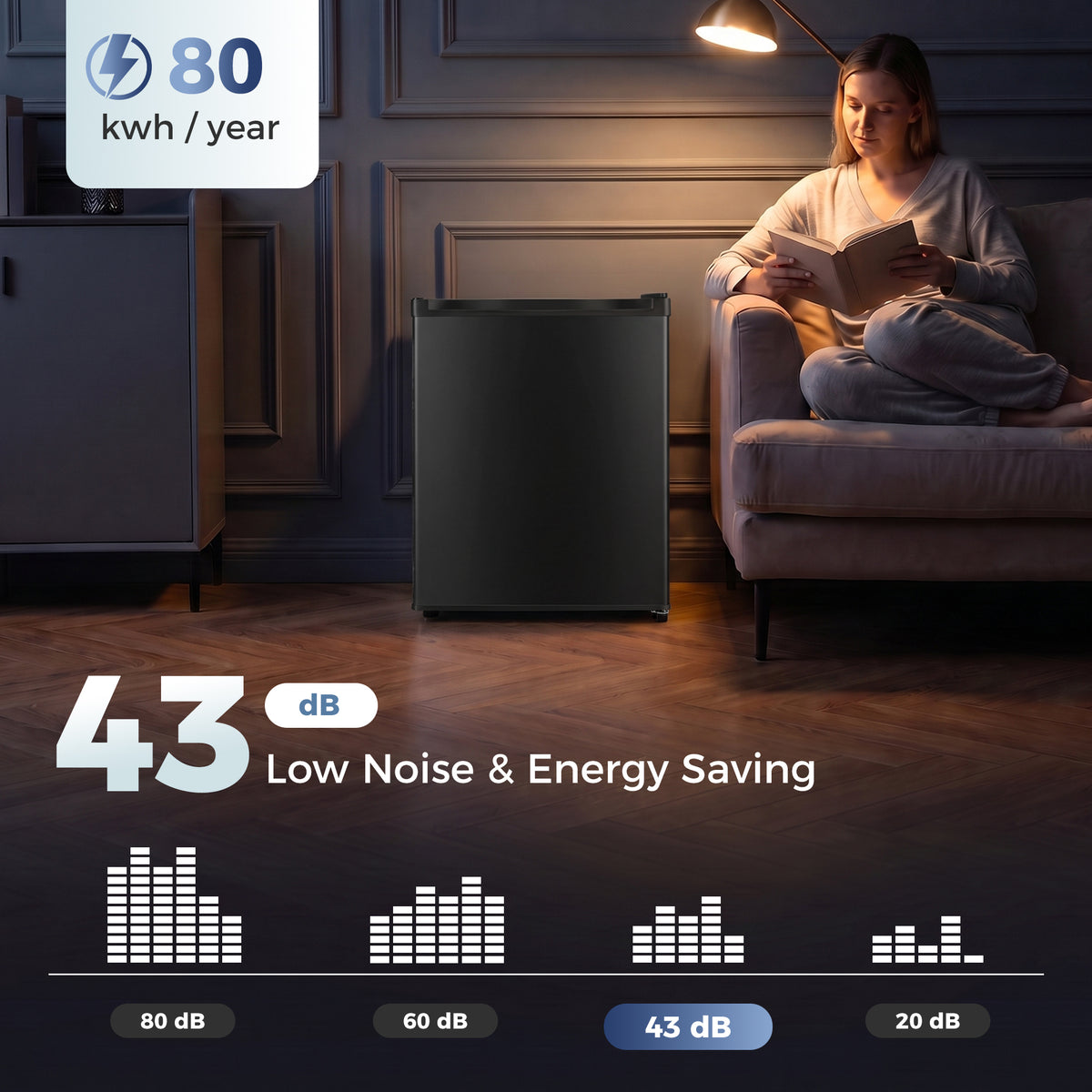 Black mini fridge in bedroom setting with low-noise and energy-saving feature callout