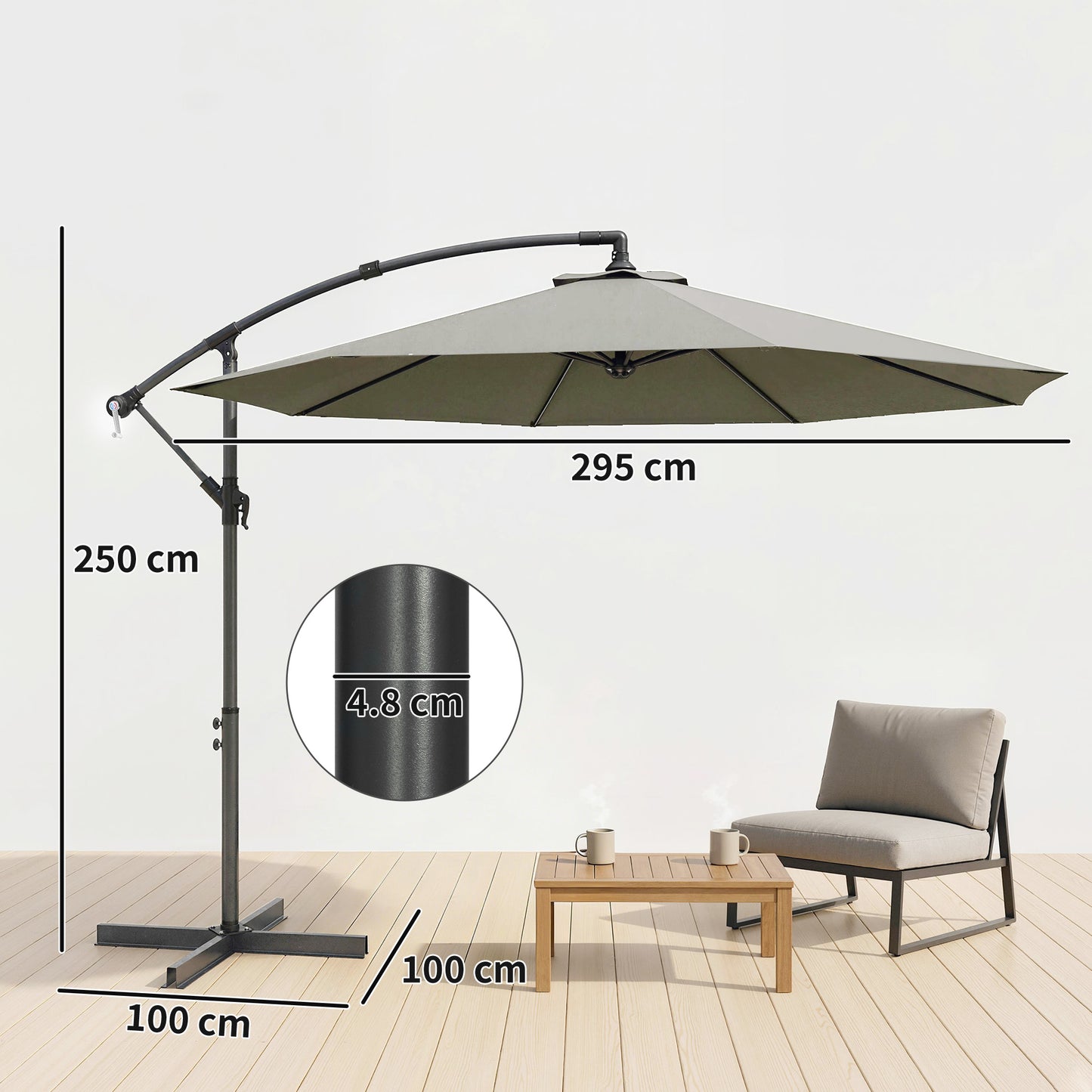 Outsunny 3M Overhanging Cantilever Parasol With Cross Base Light Grey Outdoor Umbrella For Patio
