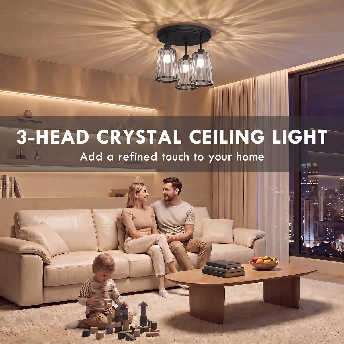 HOMCOM 3 Light Crystal Glass Ceiling Light Triple Head Modern Black Lamp