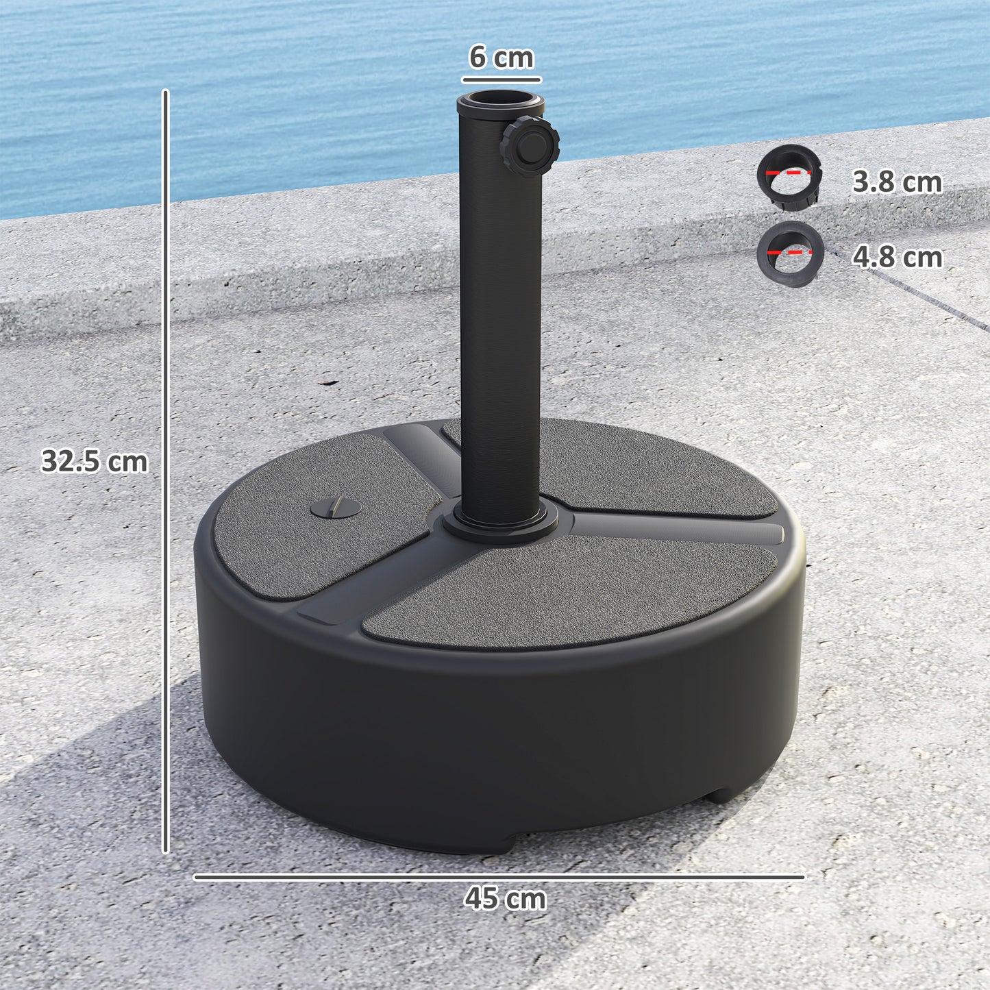 Outsunny Round Garden Parasol Base Umbrella Stand 20kg With Stand Or 18kg With Water 38mm 48mm Poles Black