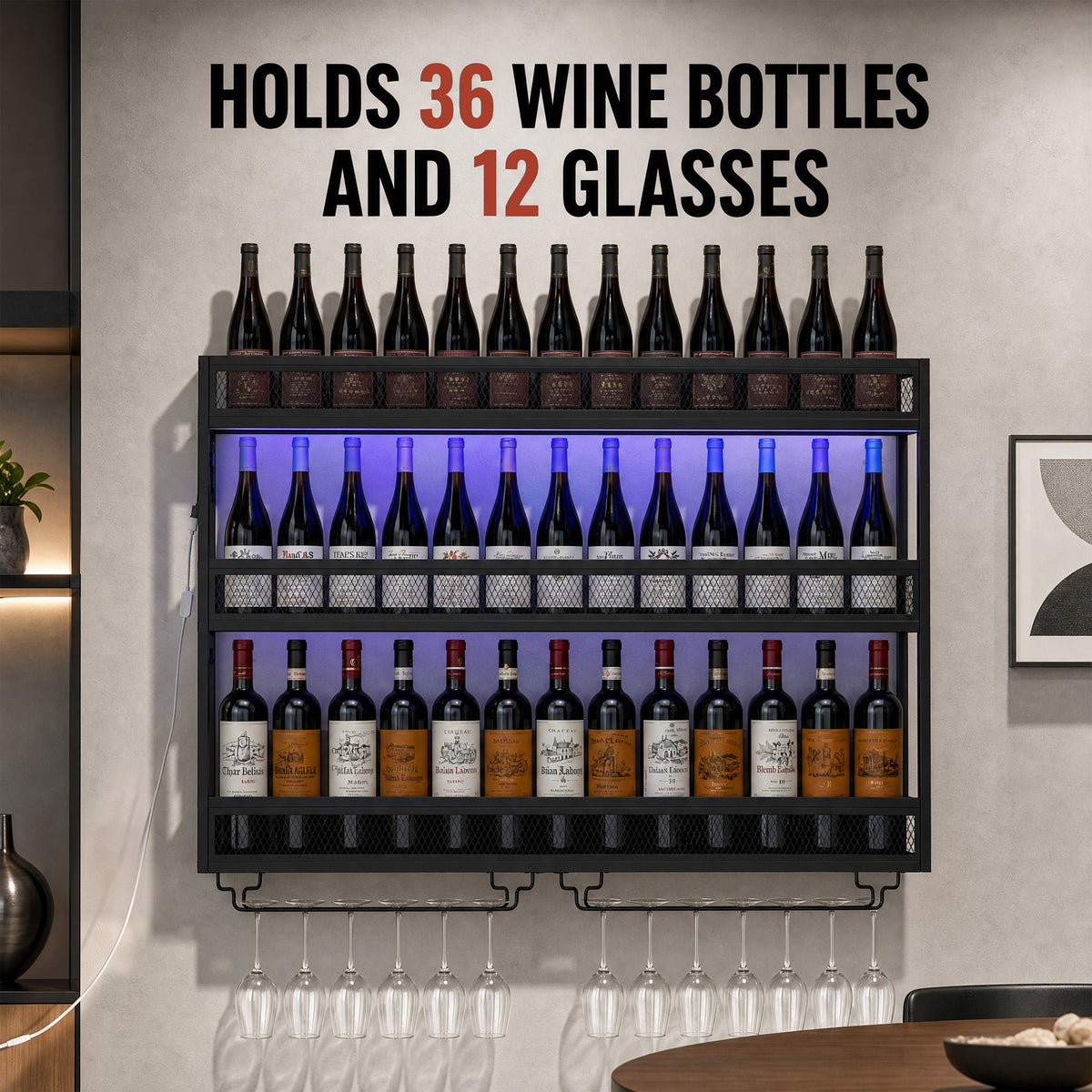 Homcom Wall Mounted Wine Rack With Led Lights And Six Glass Holders