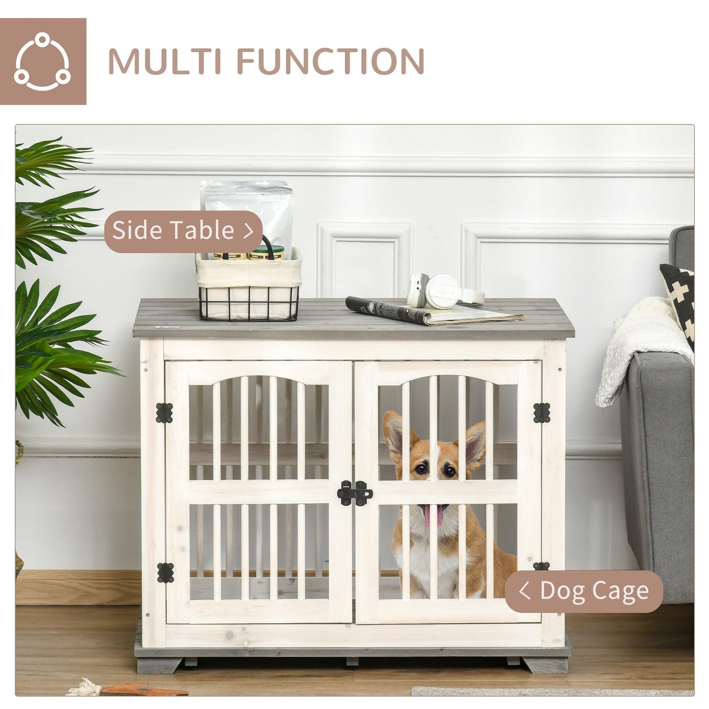 PawHut White Wooden Dog Crate Furniture for Small-Medium Dogs, Indoor, 85.5 x 59.5 x 68 cm - ALL4U RETAILER LTD