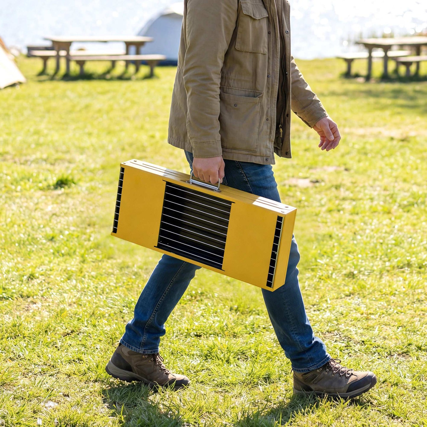 Outsunny Yellow Portable Foldable Charcoal BBQ Grill For Camping And Picnics With Two Side Shelves And Handle