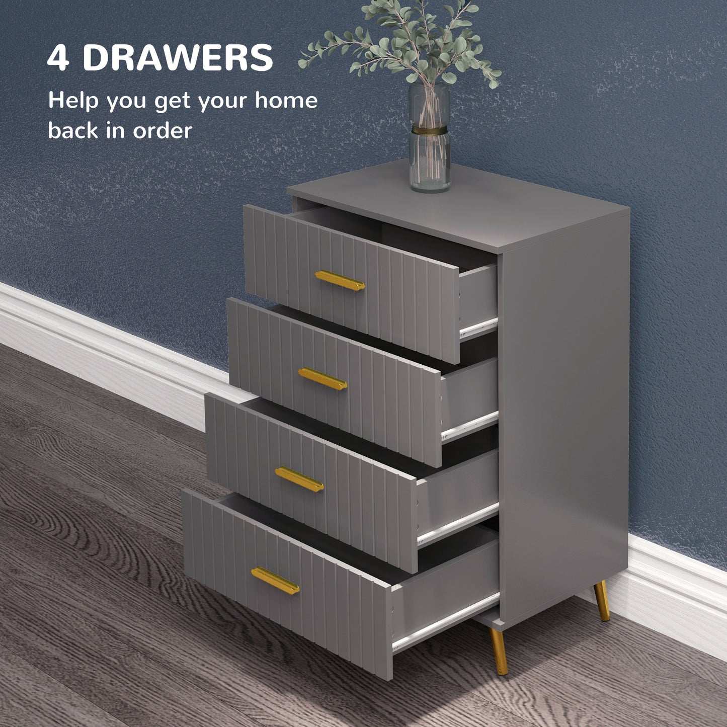 HOMCOM Modern 4-Drawer Chest of Drawers in Dark Grey with Gold Accents and Aluminium Legs - ALL4U RETAILER LTD