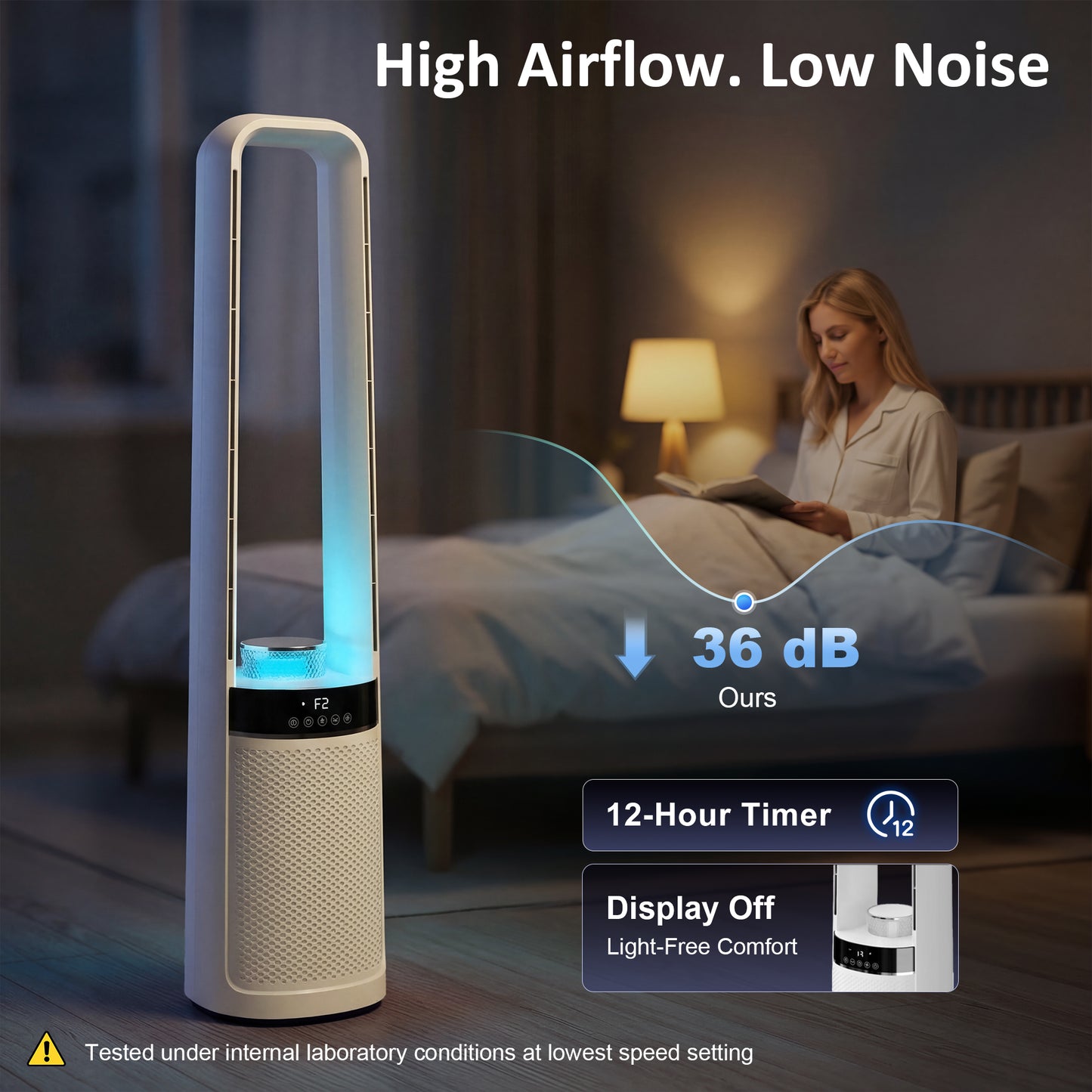 HOMCOM Bladeless Tower Fan 36dB Quiet Oscillating Cooling Fan With LED Lights 3 Speeds 12H Timer Remote Control