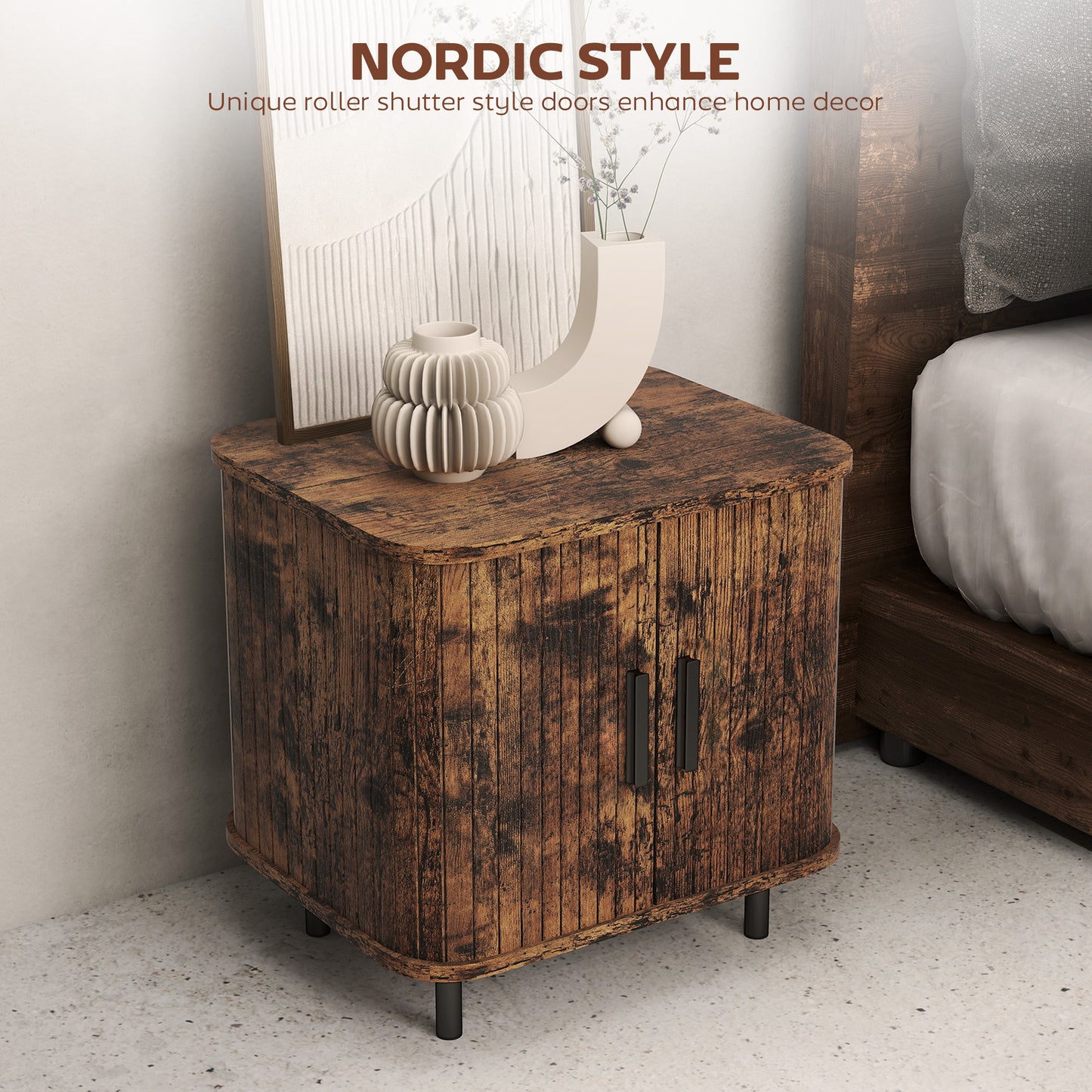 HOMCOM Mid Century Sideboard Cabinet Nightstand Accent Console With Tambour Doors Two Tier Storage Rustic Brown Warm Oak