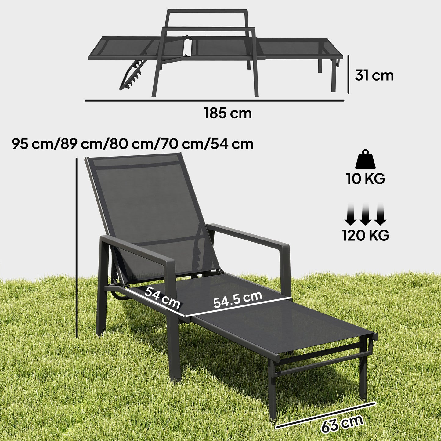 Outsunny Sun Loungers Set Of Two With Retractable Footrest And 5 Position Adjustable Steel Frame For Outdoor Use Black