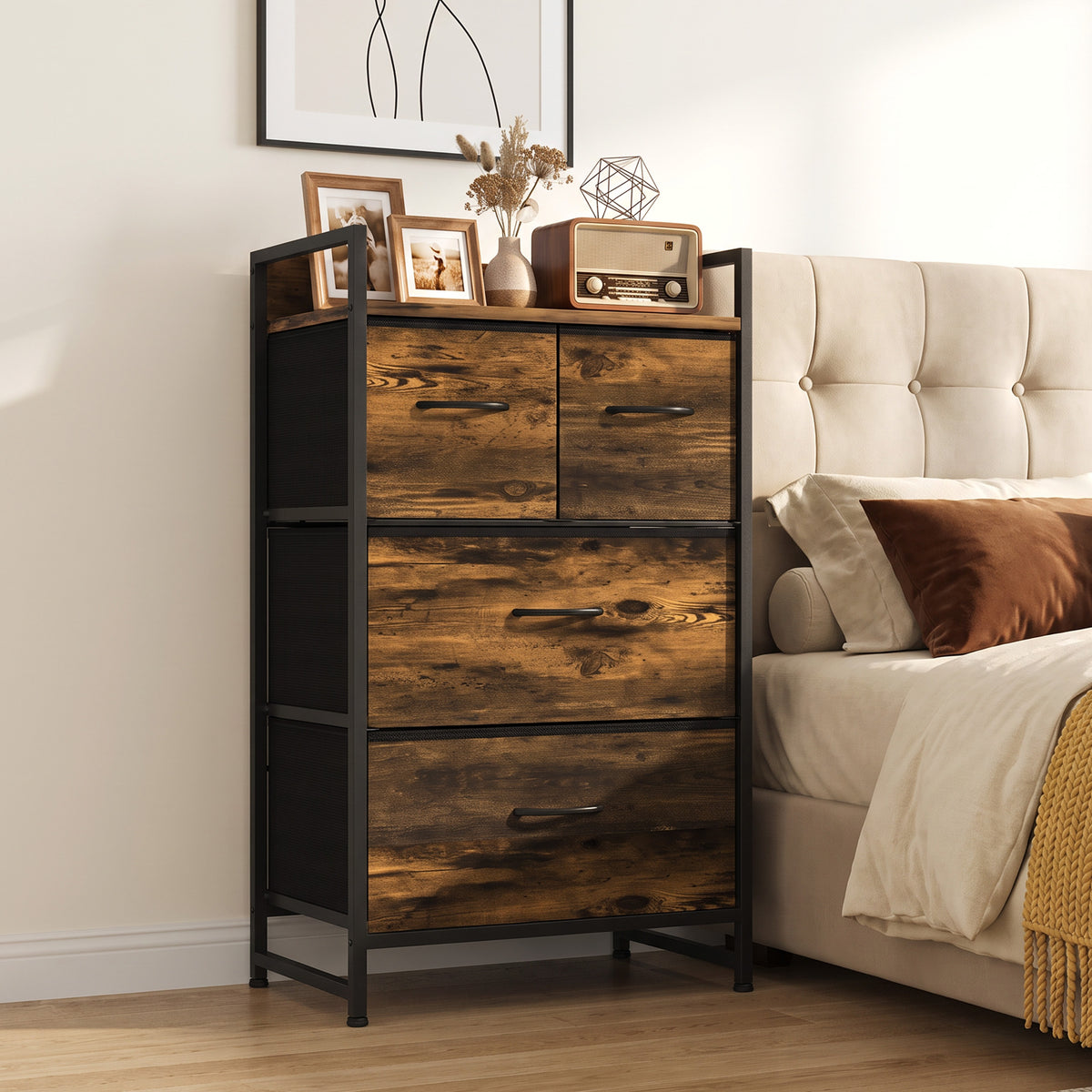Rustic brown fabric drawer storage dresser with four drawers and black side frame