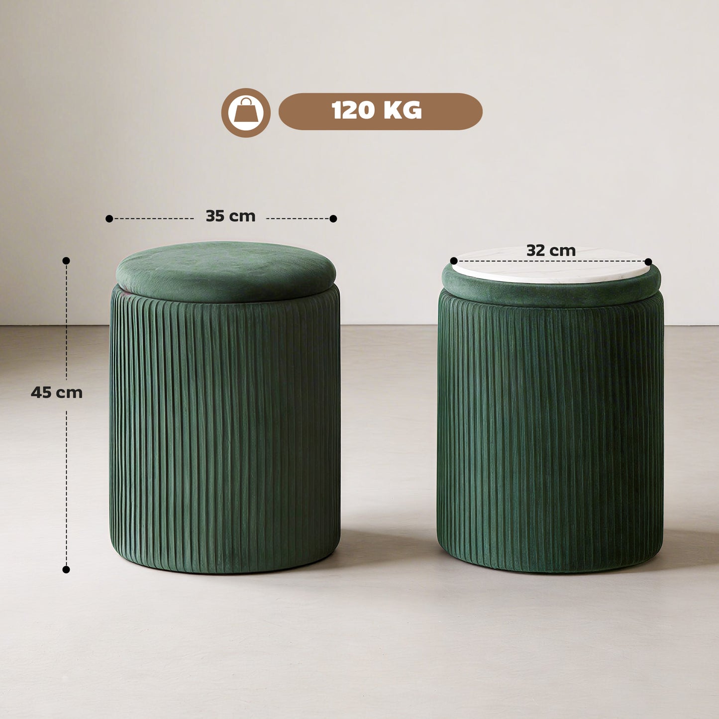 HOMCOM Velvet Round Storage Ottoman Foot Stool 45 cm Dark Green For Living Room And Bedroom With Hidden Storage