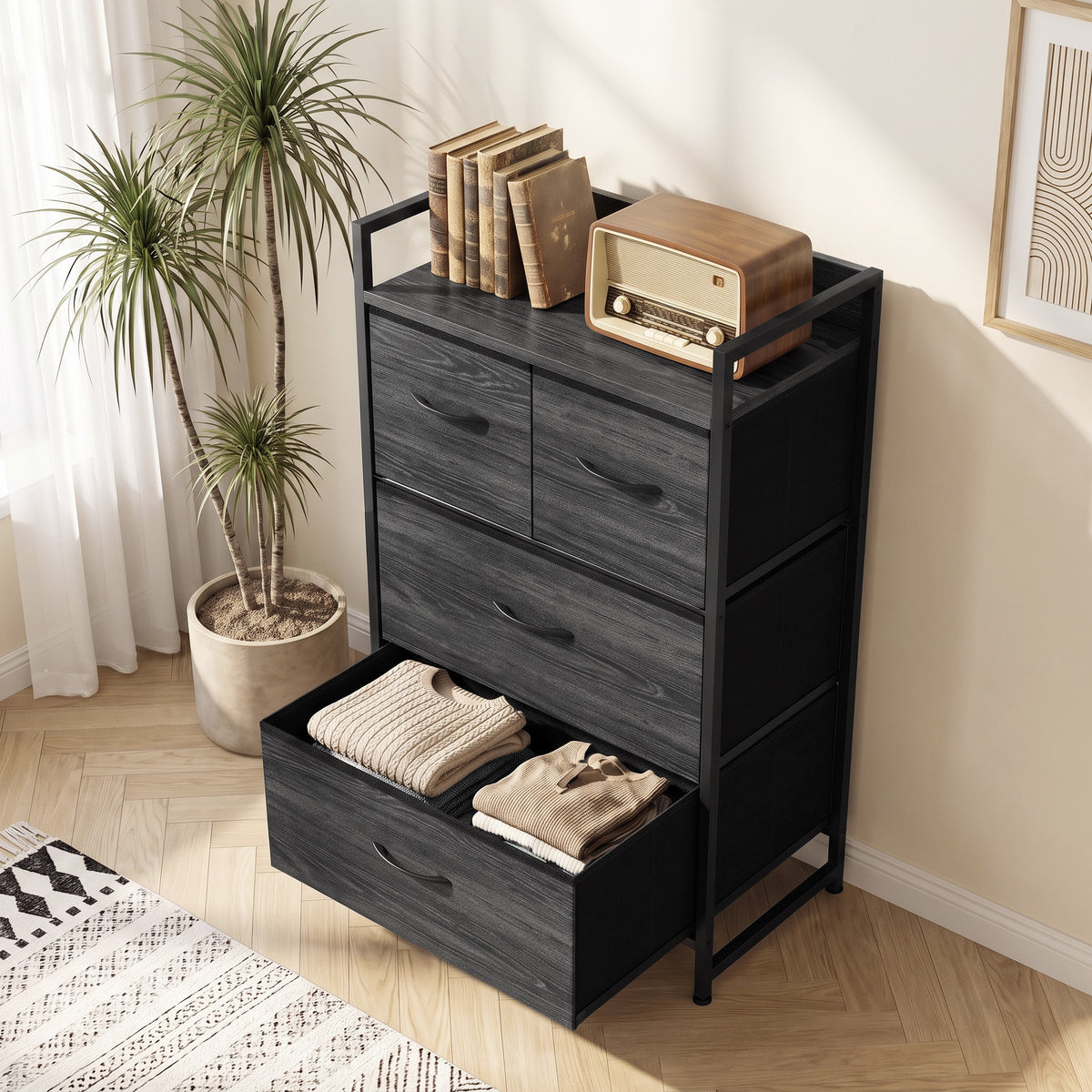Black wood-effect chest with four fabric drawers and top shelf for storage
