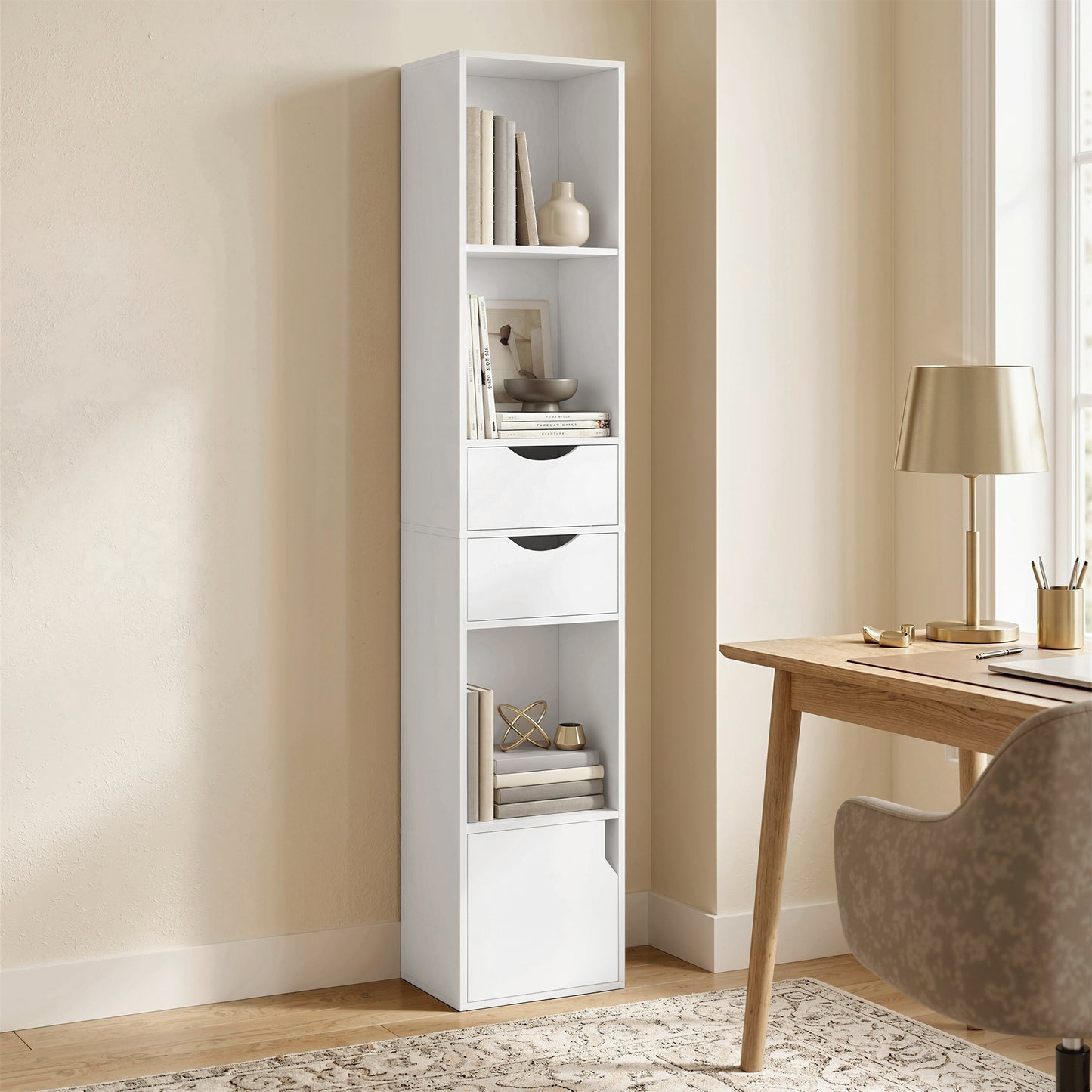 HOMCOM 158 cm White Bookcase With Two Drawers And Cabinet Adjustable Shelves Open Storage